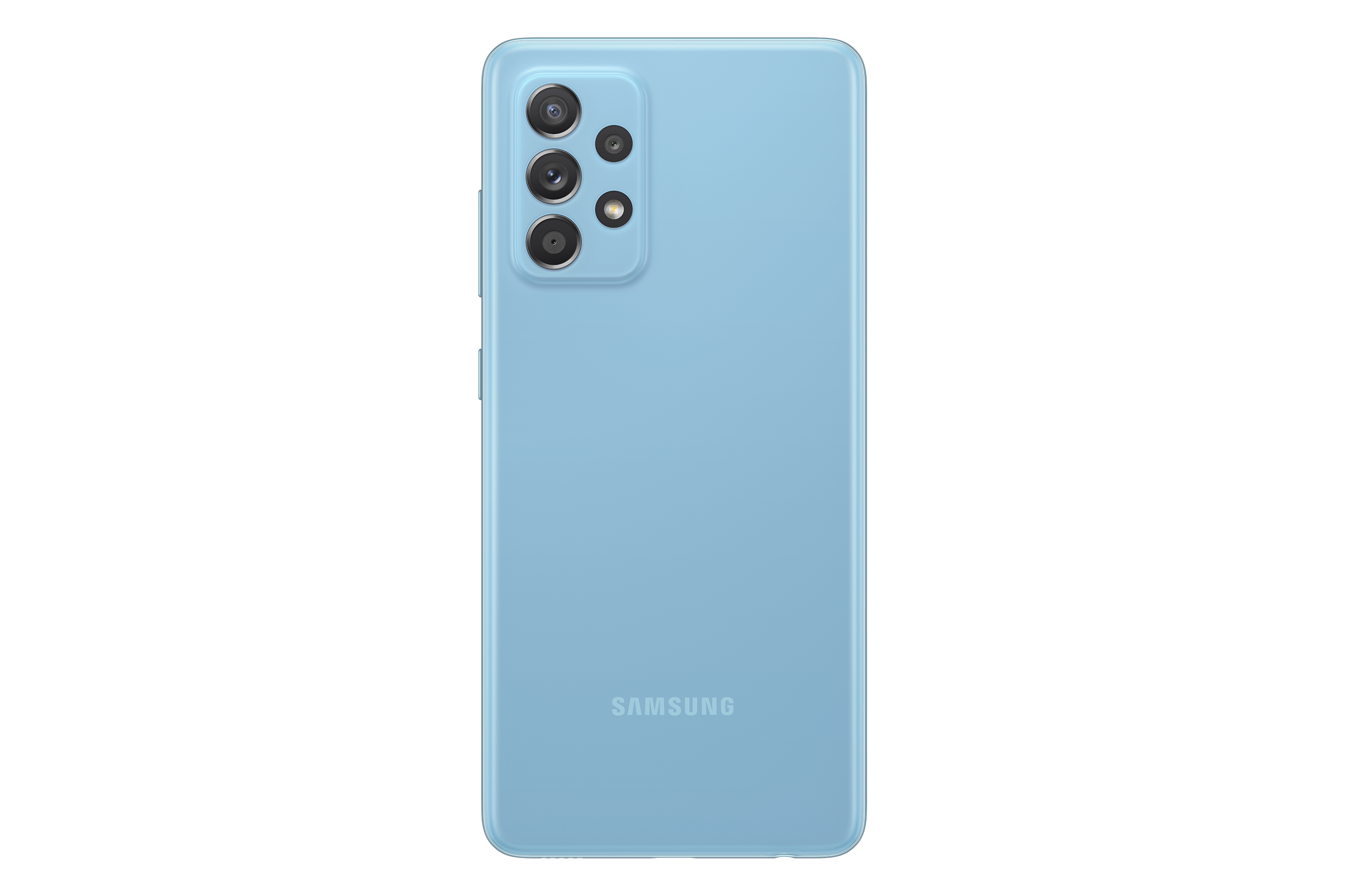 Hellblaue Samsung-Handy-Rückseite. Mit Kameramodul und Markennamen.