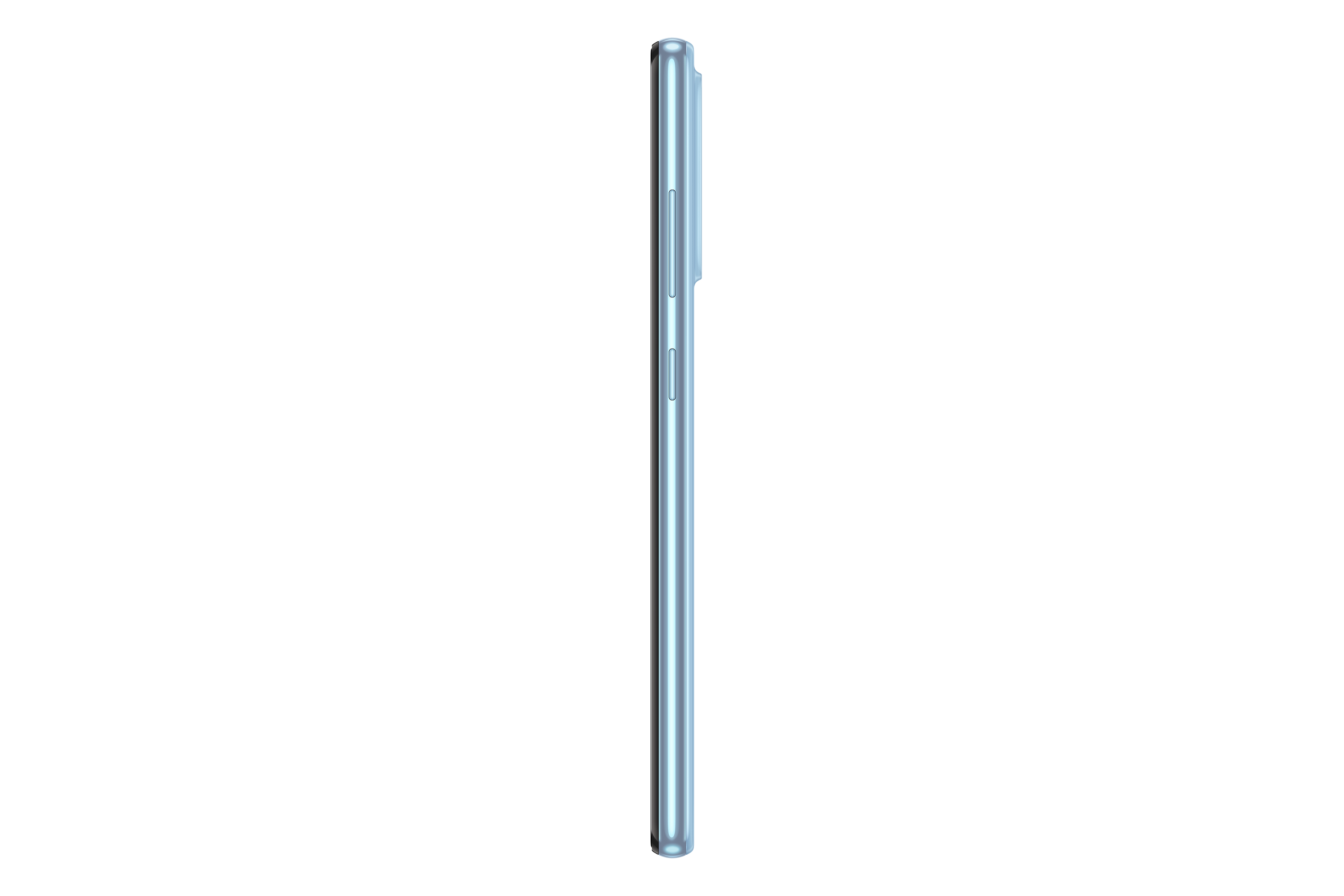 Seitenansicht eines blauen Telefons mit Knöpfen. Weißer Hintergrund.