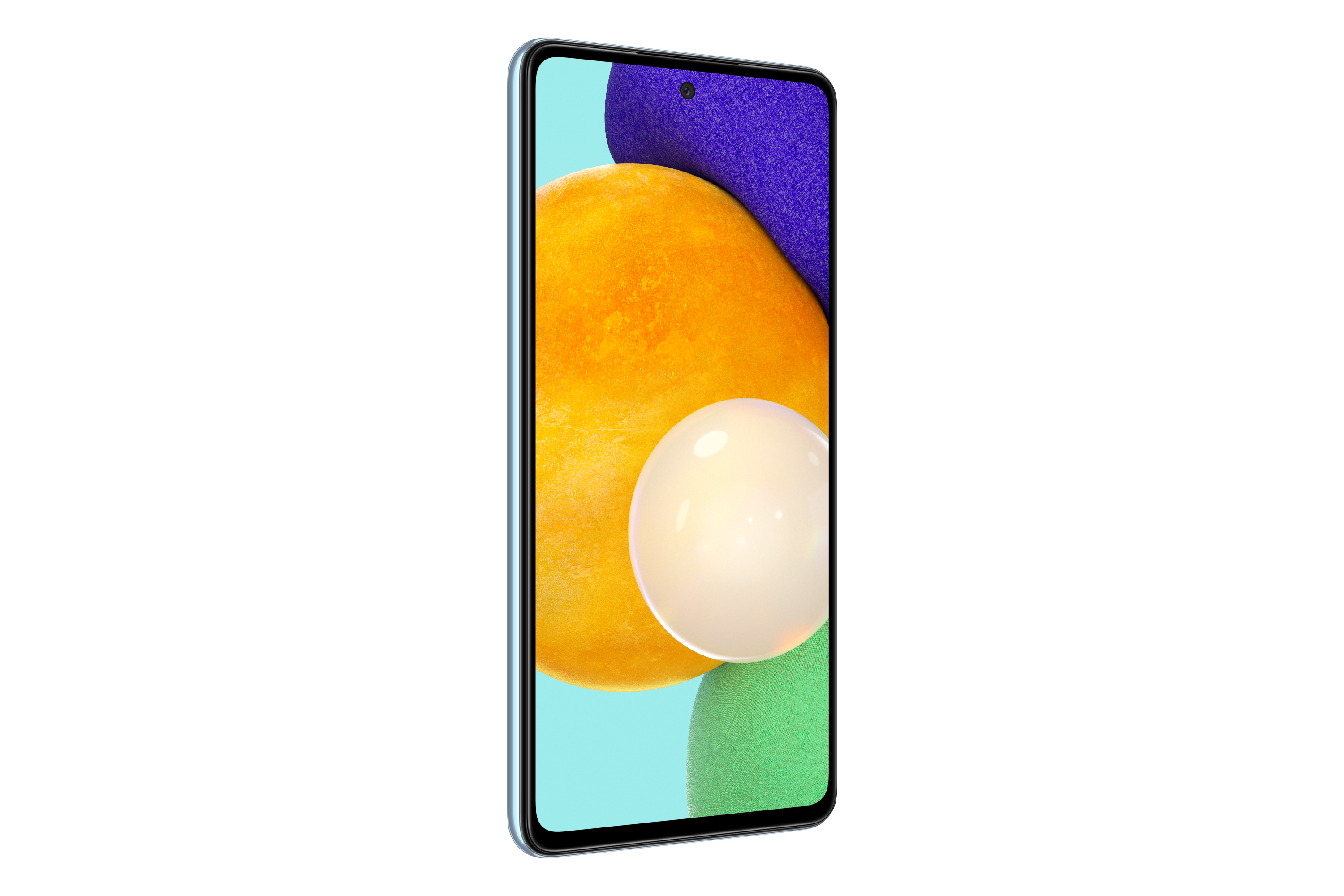 Ein Smartphone mit blauem Rahmen und großem Bildschirm, mit hellblauem Hintergrund.