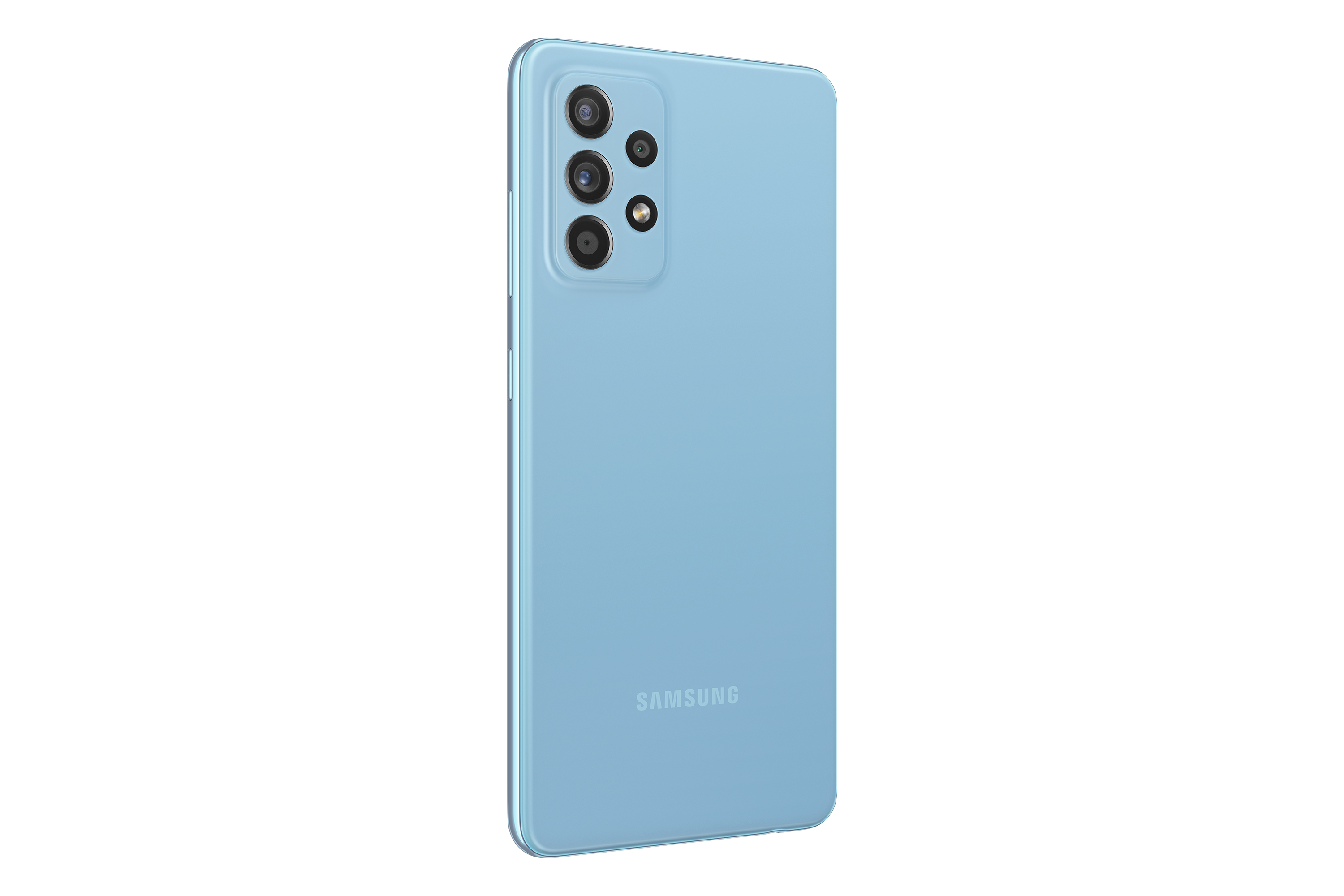 Ein hellblaues Samsung-Telefon, Rückansicht. Drei Kameras sind sichtbar, zusammen mit dem Samsung-Logo.