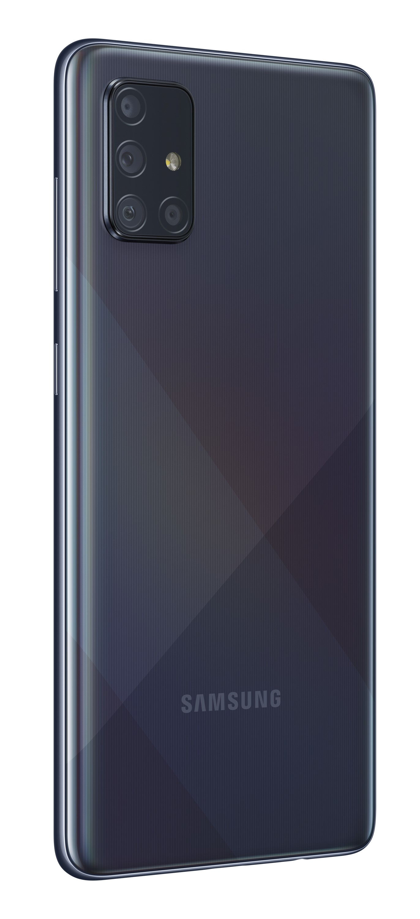 Dunkelblaue Smartphone-Rückseite. Verfügt über ein Kameramodul und den Markennamen Samsung in Weiß.