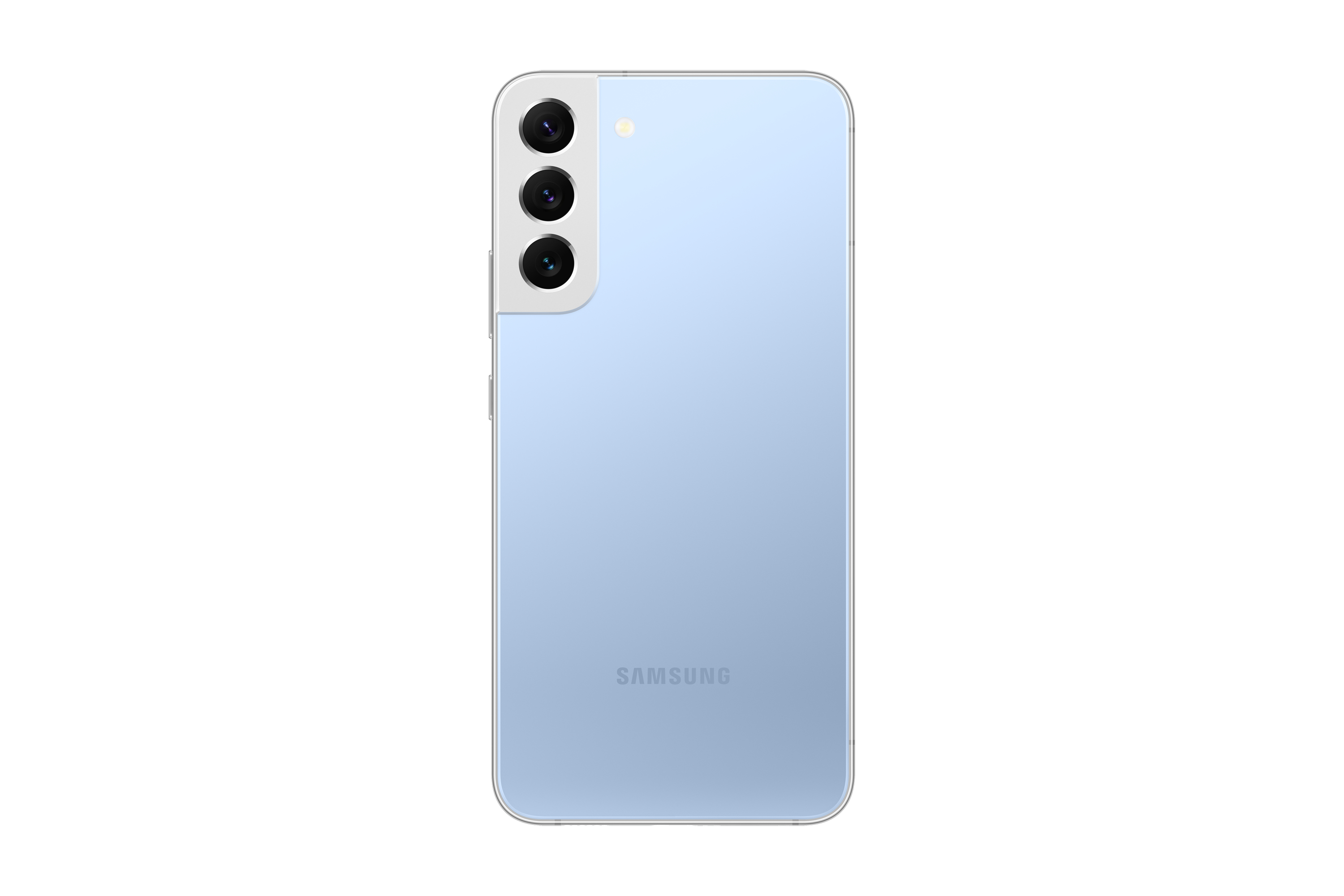 Die Rückseite eines hellblauen Samsung-Telefons mit drei Kameras. Der Markenname steht unten.