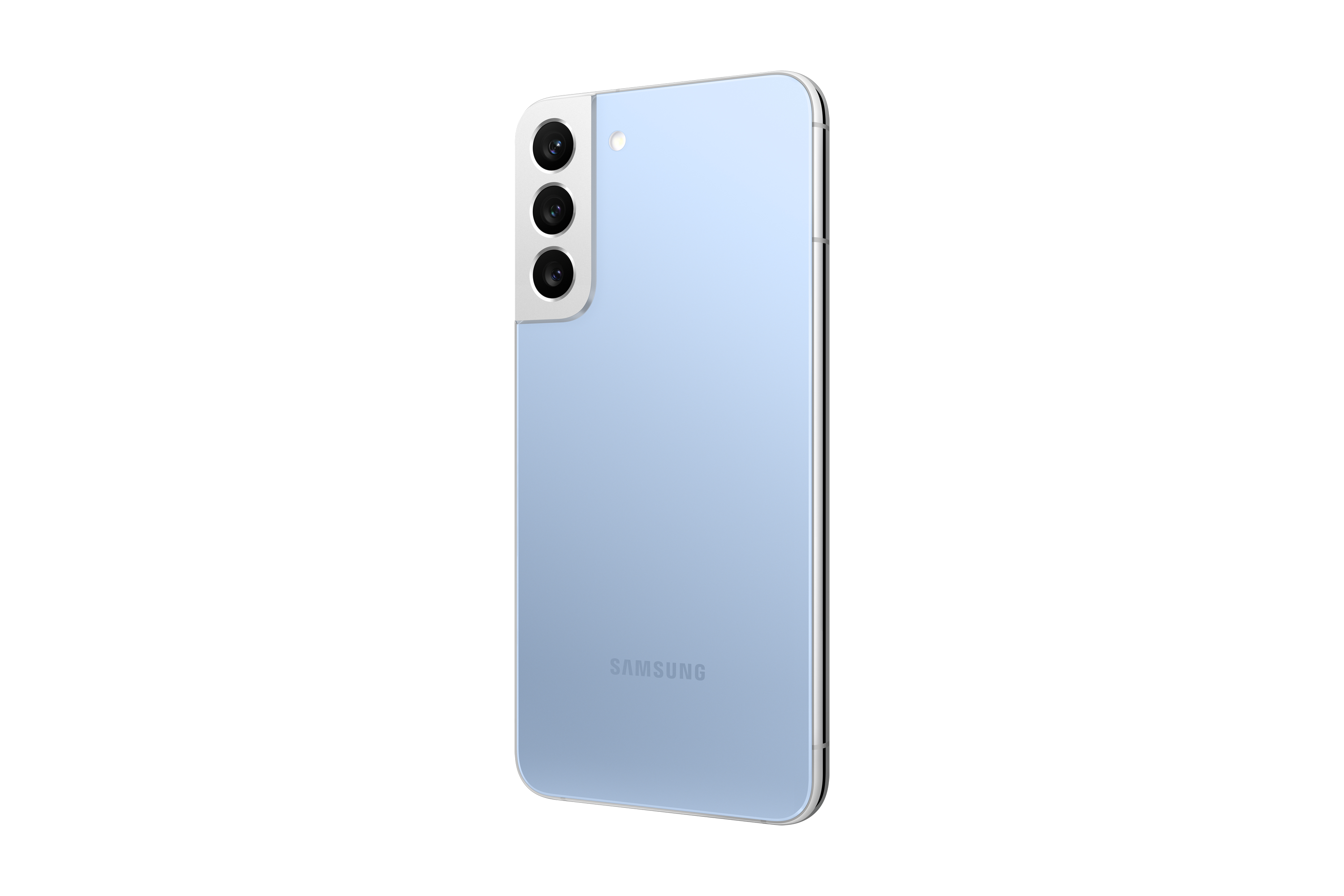 Ein hellblaues Smartphone. Drei Kameras und ein Blitz befinden sich auf der Rückseite. Der Hintergrund ist weiß.