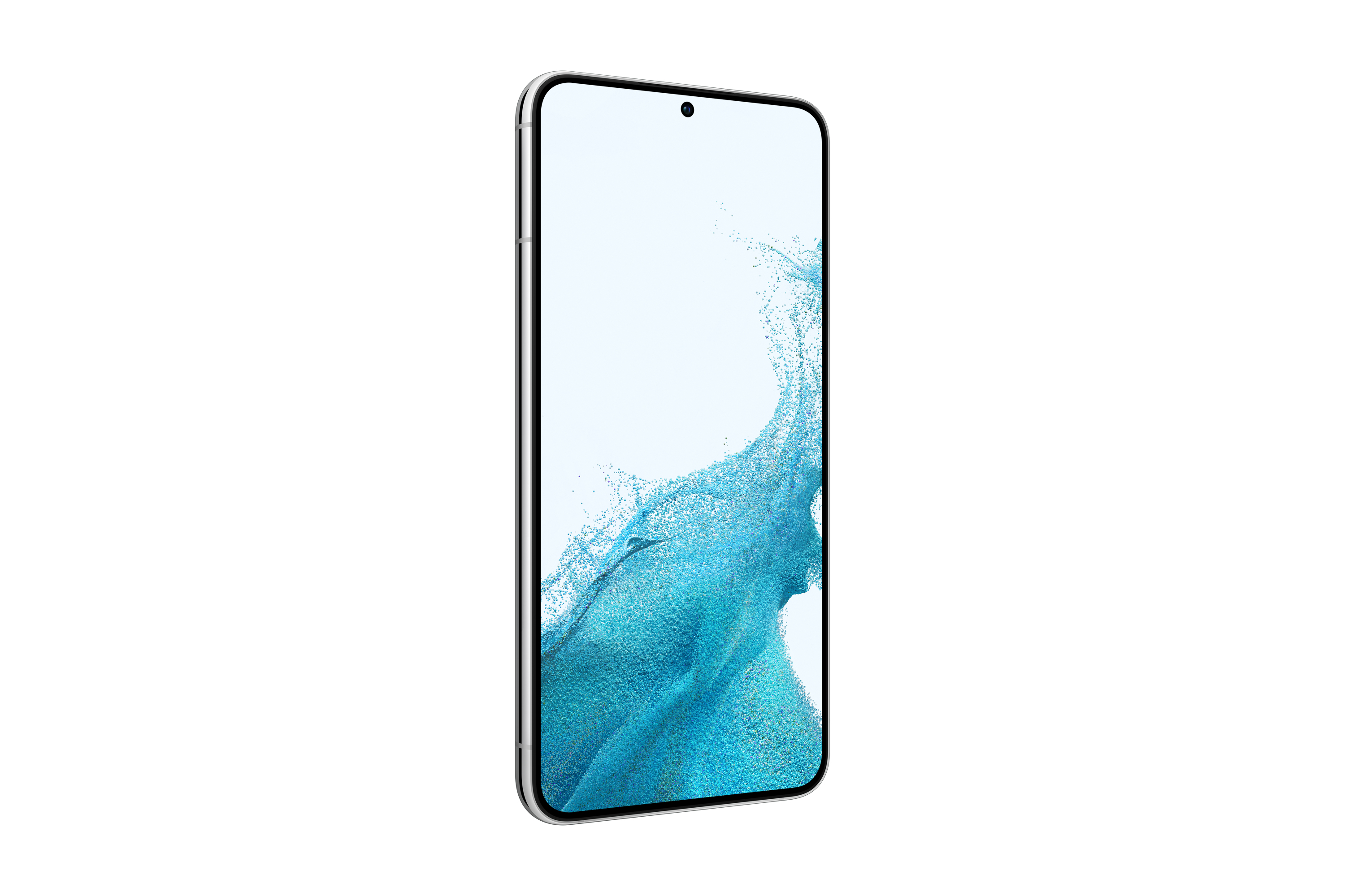 Ein silbernes Smartphone mit weißem Bildschirm, diagonal vor weißem Hintergrund präsentiert.