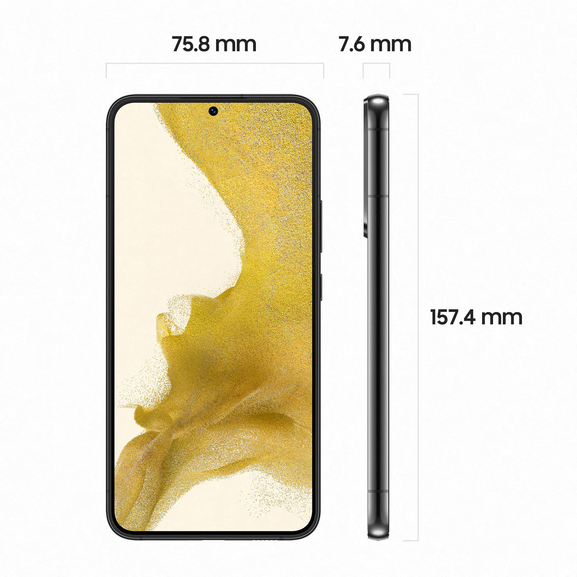 Czarny smartfon z wymiarami: 157,4 mm, 75,8 mm i 7,6 mm.
