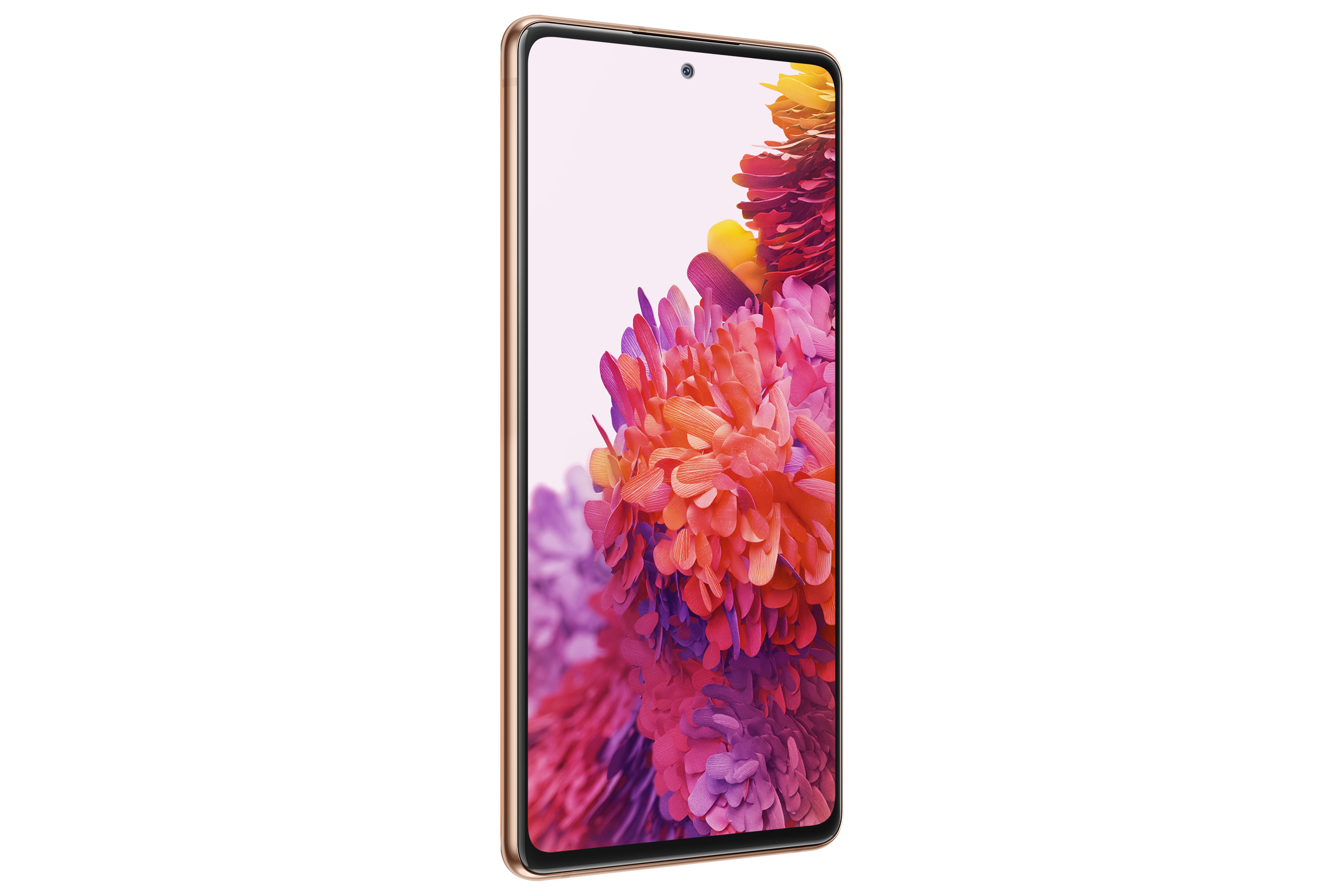 Smartphone met een gouden frame, met een kleurrijke bloemenafbeelding op het scherm, schuin op een witte achtergrond.
