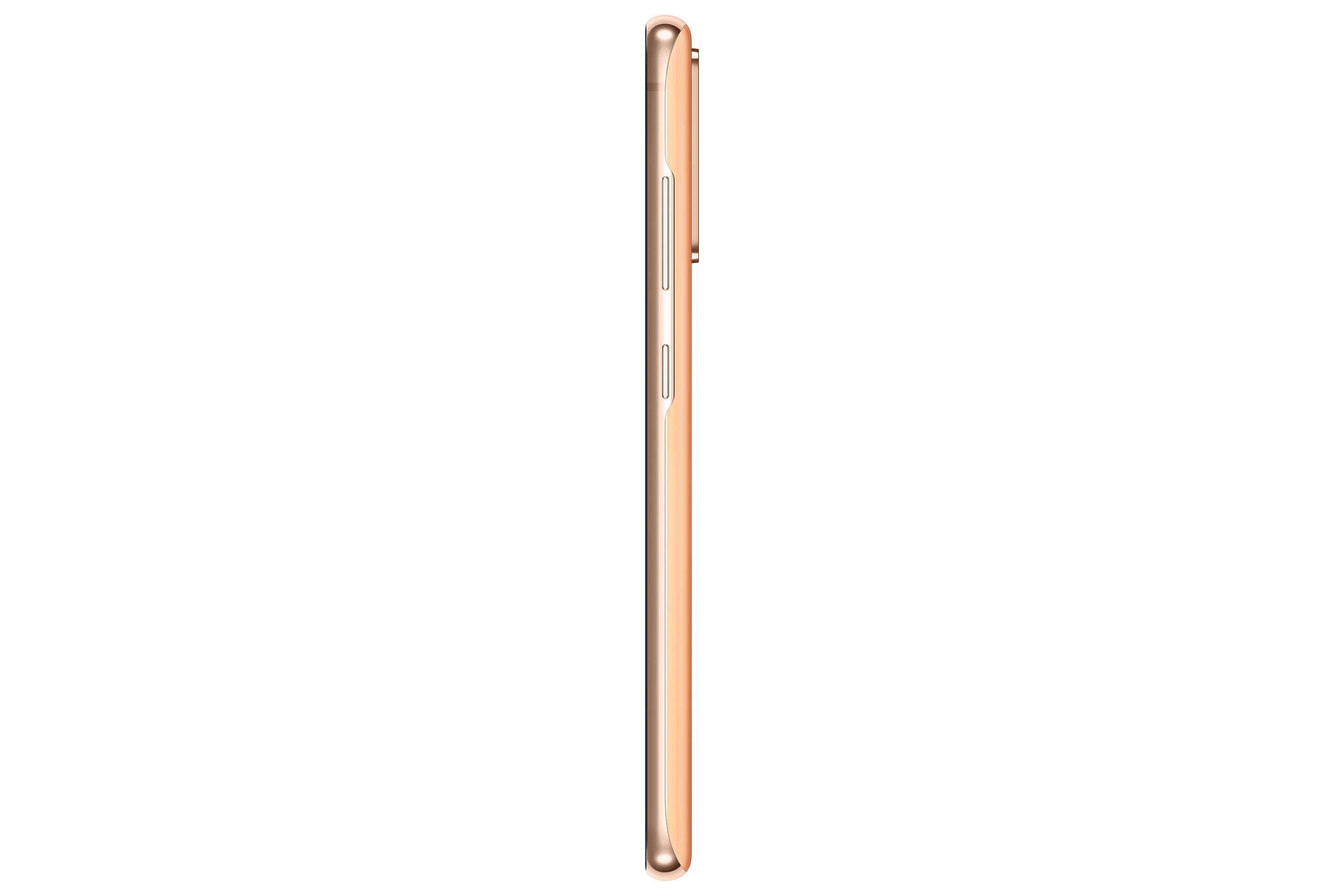 Zijaanzicht van een gouden smartphone, met de zijknoppen en het frame.