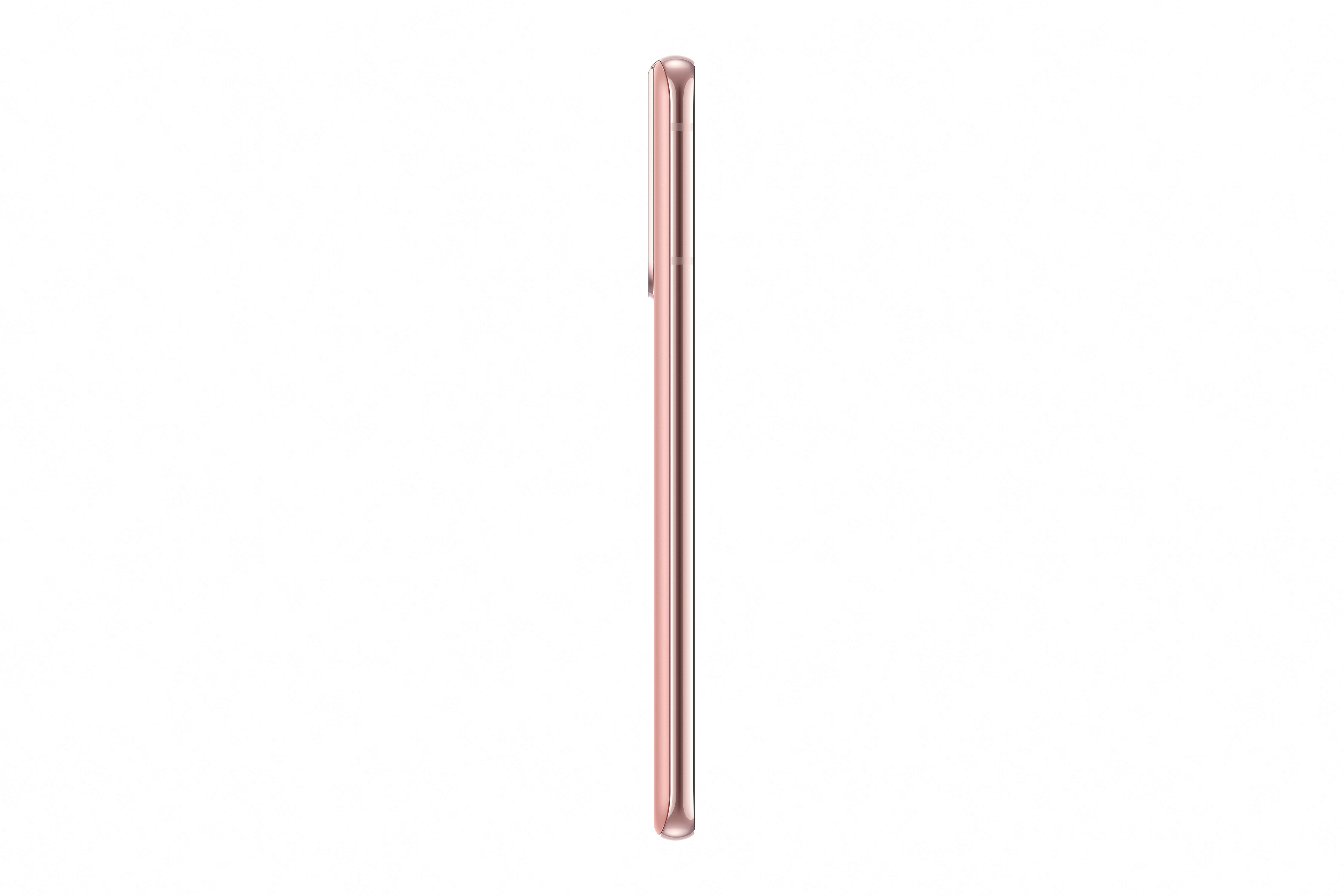 Seitenansicht eines rosa Smartphones, das sein schlankes Profil zeigt. Es ist vor weißem Hintergrund.
