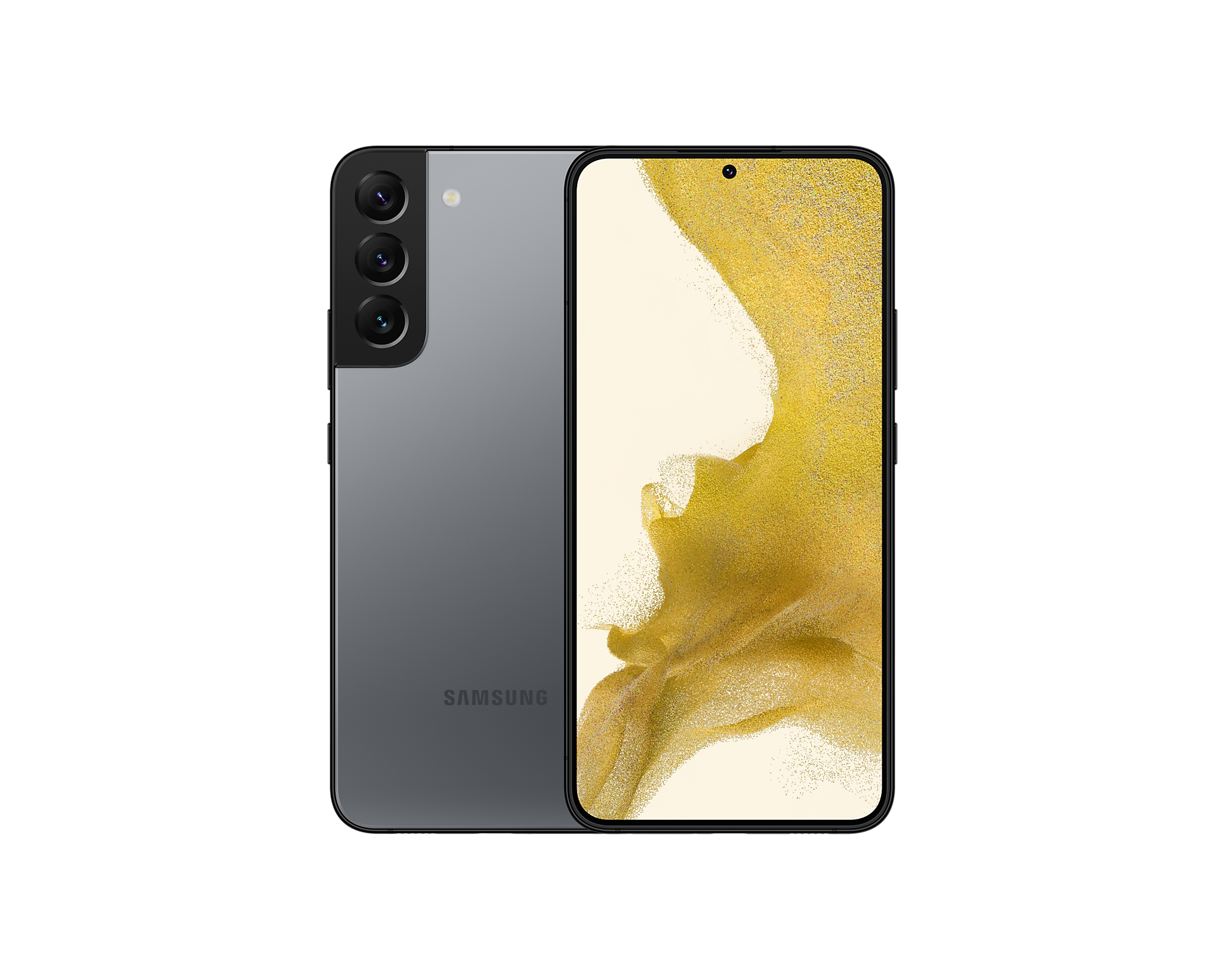 Telefon Samsung, widok z przodu i z tyłu, z trzema aparatami i logo SAMSUNG.