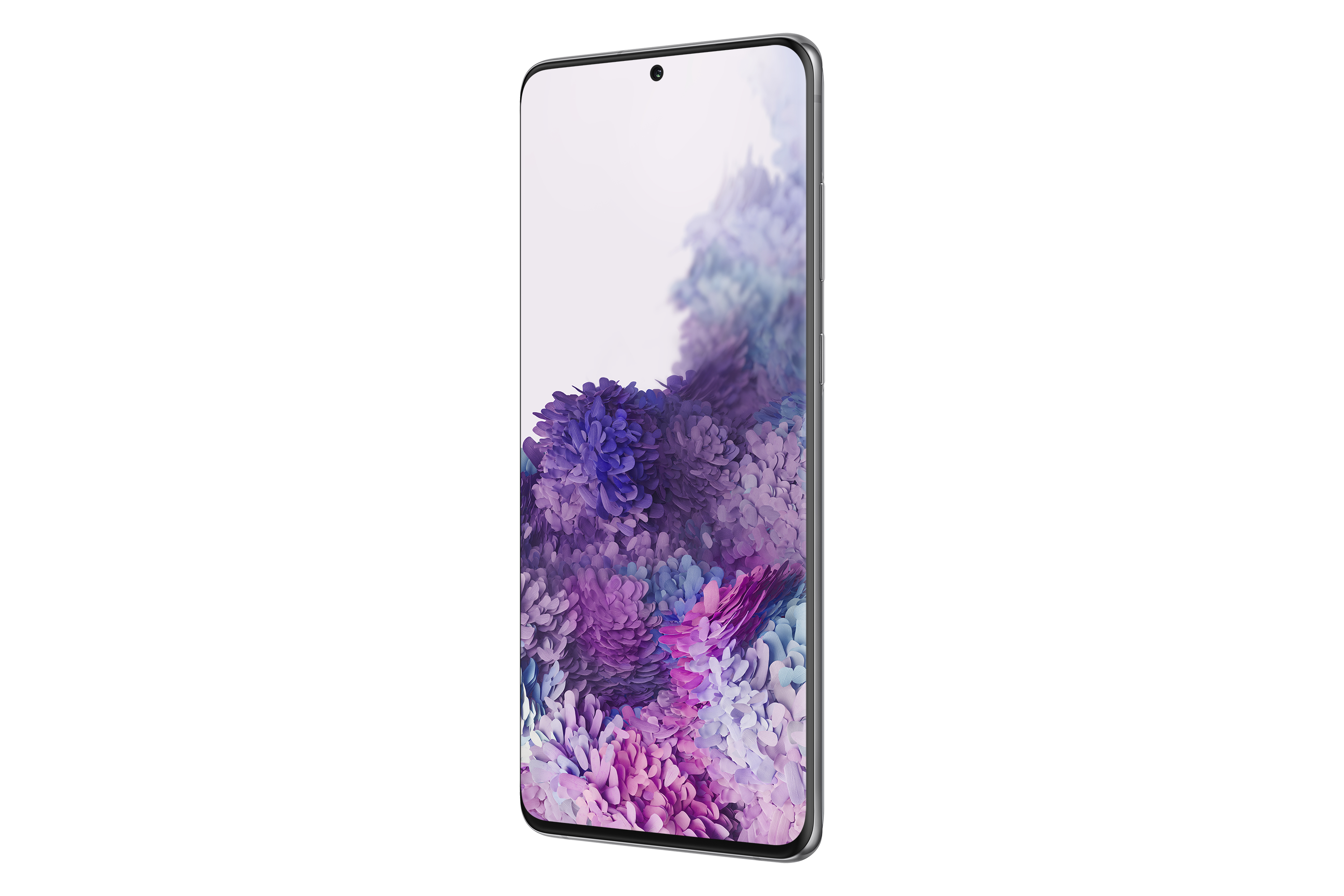 Smartphone mit farbenfrohem Blumentapete vor weißem Hintergrund.