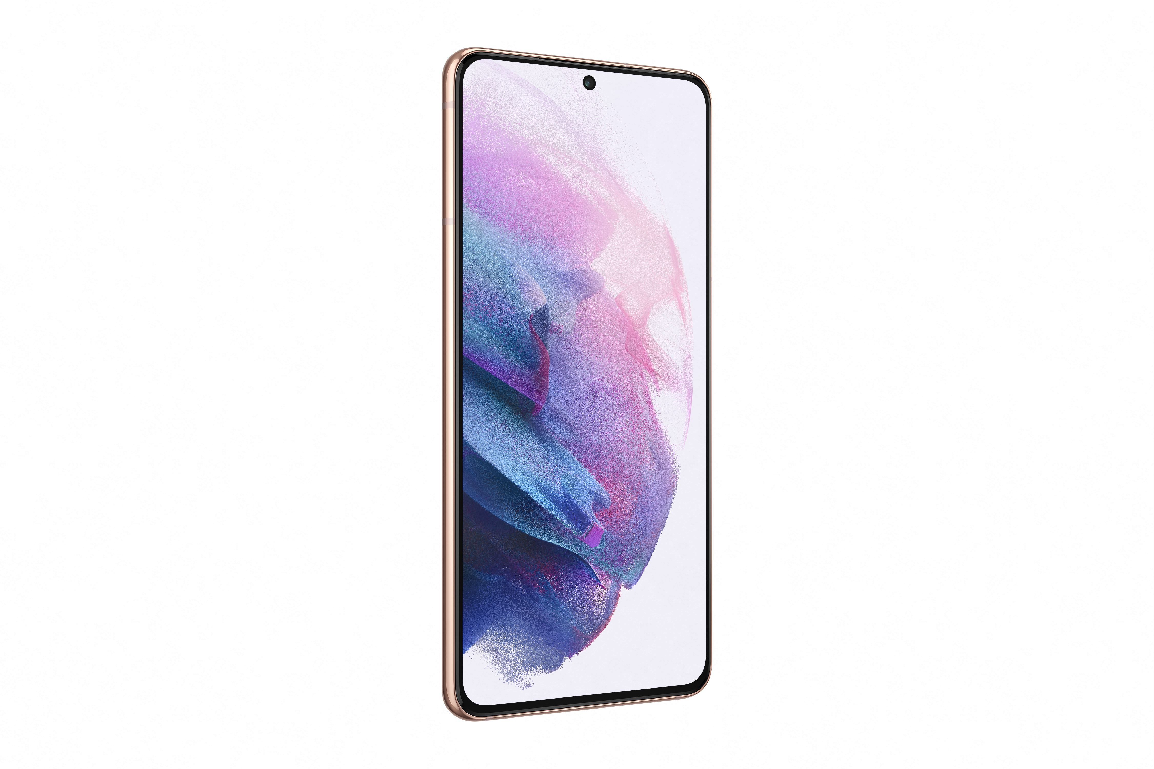 Goldenes Smartphone, zeigt verschwommenen rosa-lila Hintergrund.