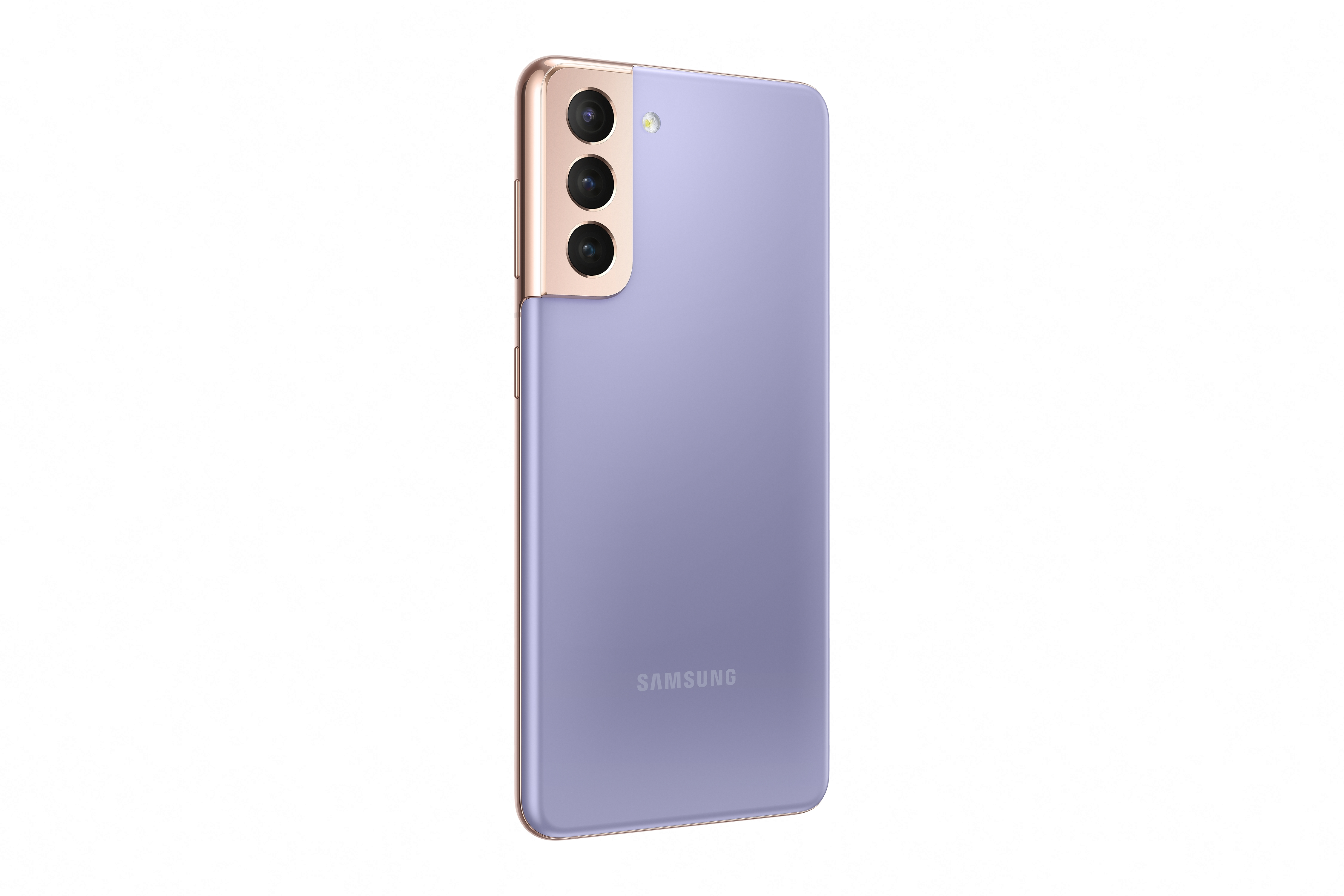 Ein violettes Telefon mit goldenem Rand ist nach rechts abgewinkelt und zeigt die Rückseite mit drei Kameras und einem Samsung-Logo.
