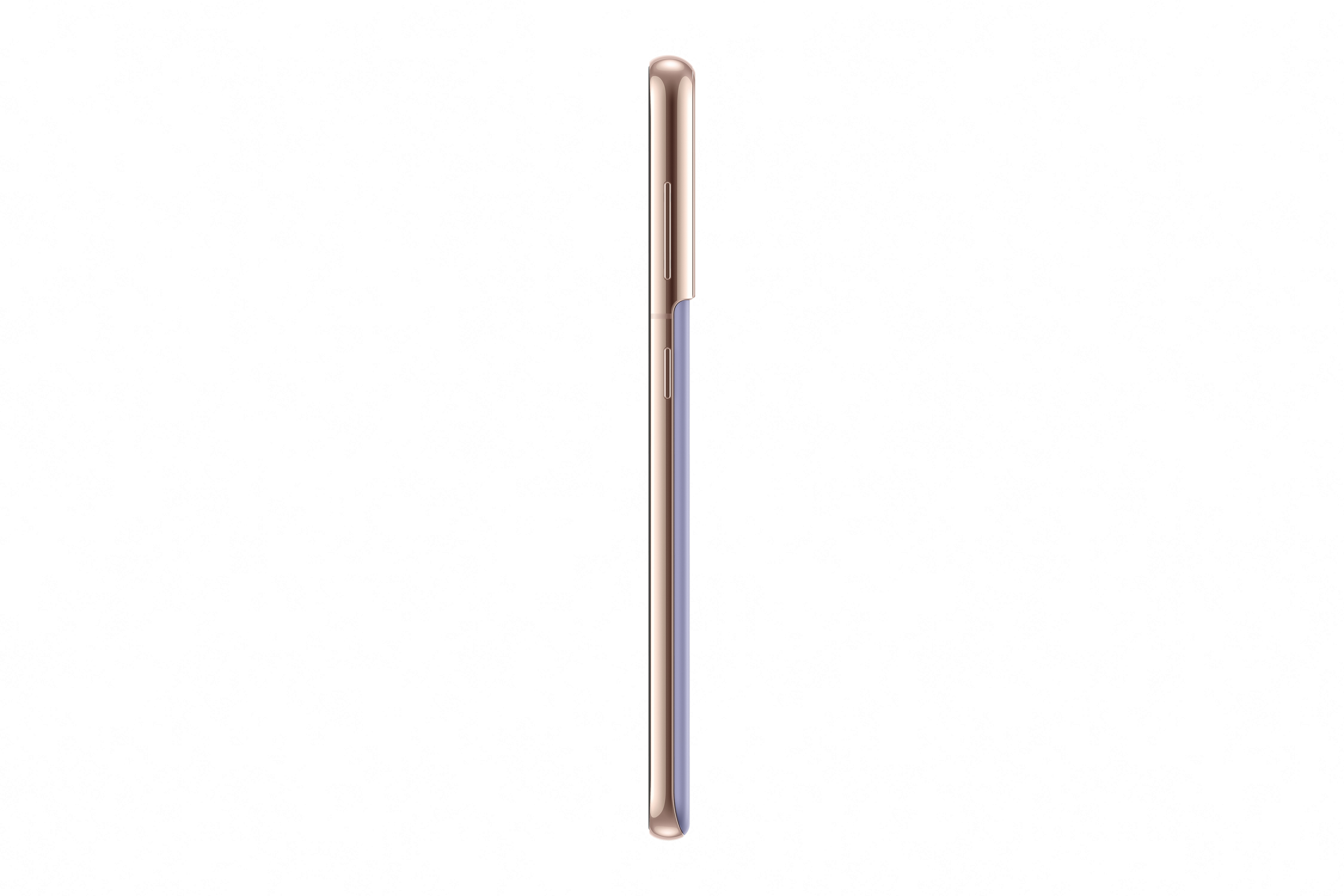Seitenansicht eines roségoldfarbenen Telefons. Das Telefon ist dünn und hat einen goldenen Rahmen.