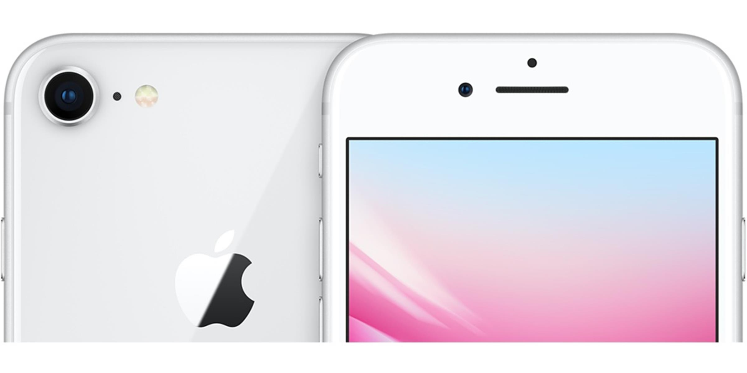 Un iPhone 8 blanco, mostrando detalles de la cámara en la parte trasera y la pantalla al frente.