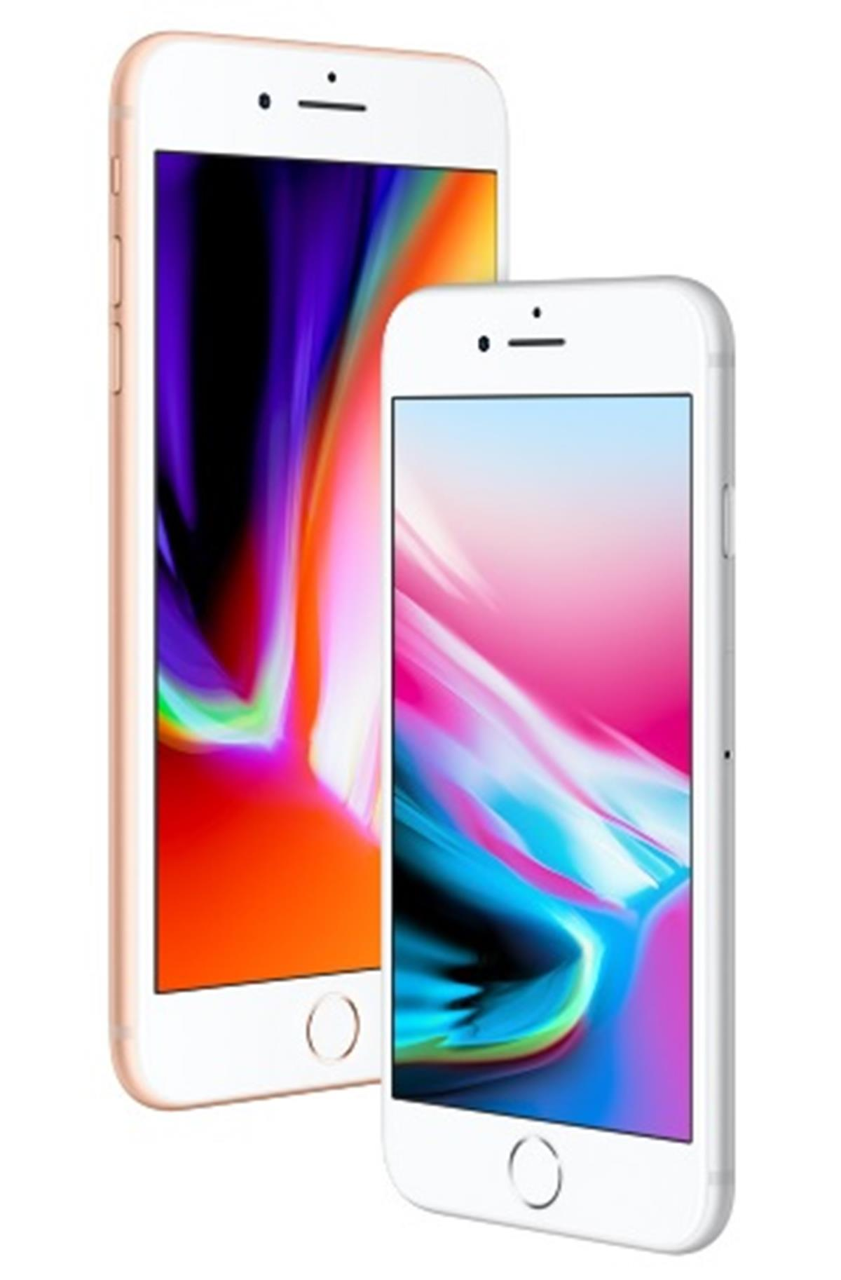 Dos iPhones, uno dorado, otro blanco, con pantallas mostrando arte abstracto.