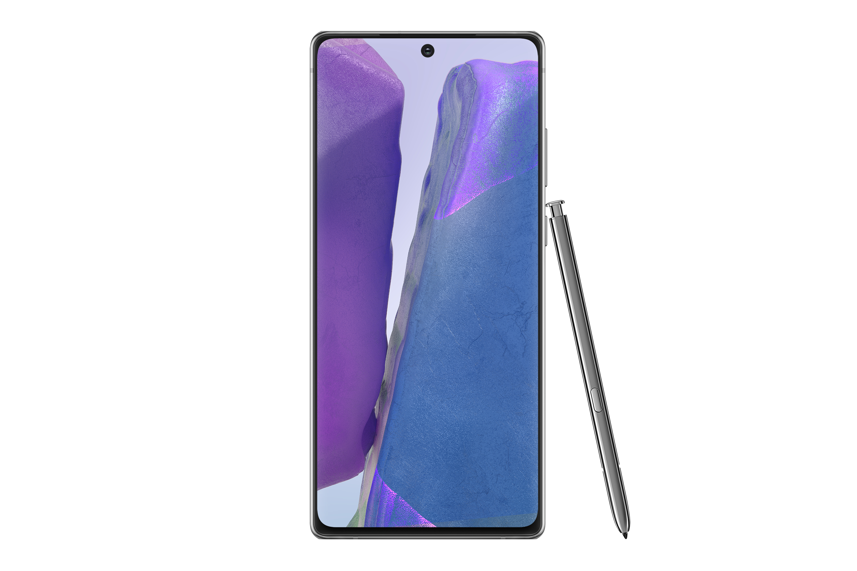 Ein Smartphone mit großem Bildschirm und einem Stift. Der Bildschirm zeigt ein blaues und lila Bild.
