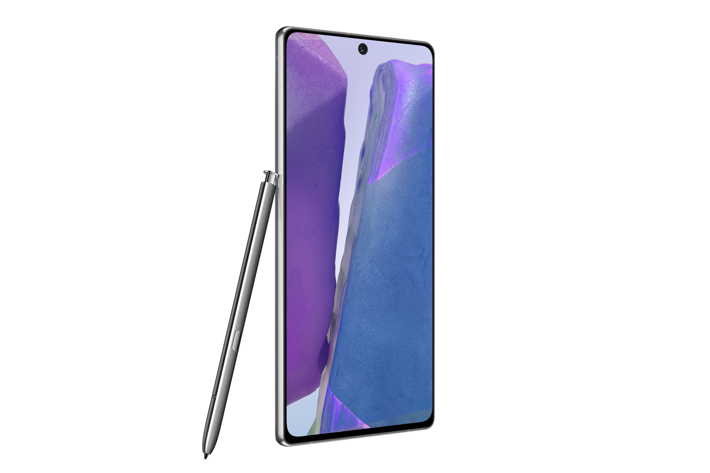 Smartphone mit Stift und farbenfrohem Bildschirm. Das Telefon hat einen silbernen Rahmen. Der Stift links.