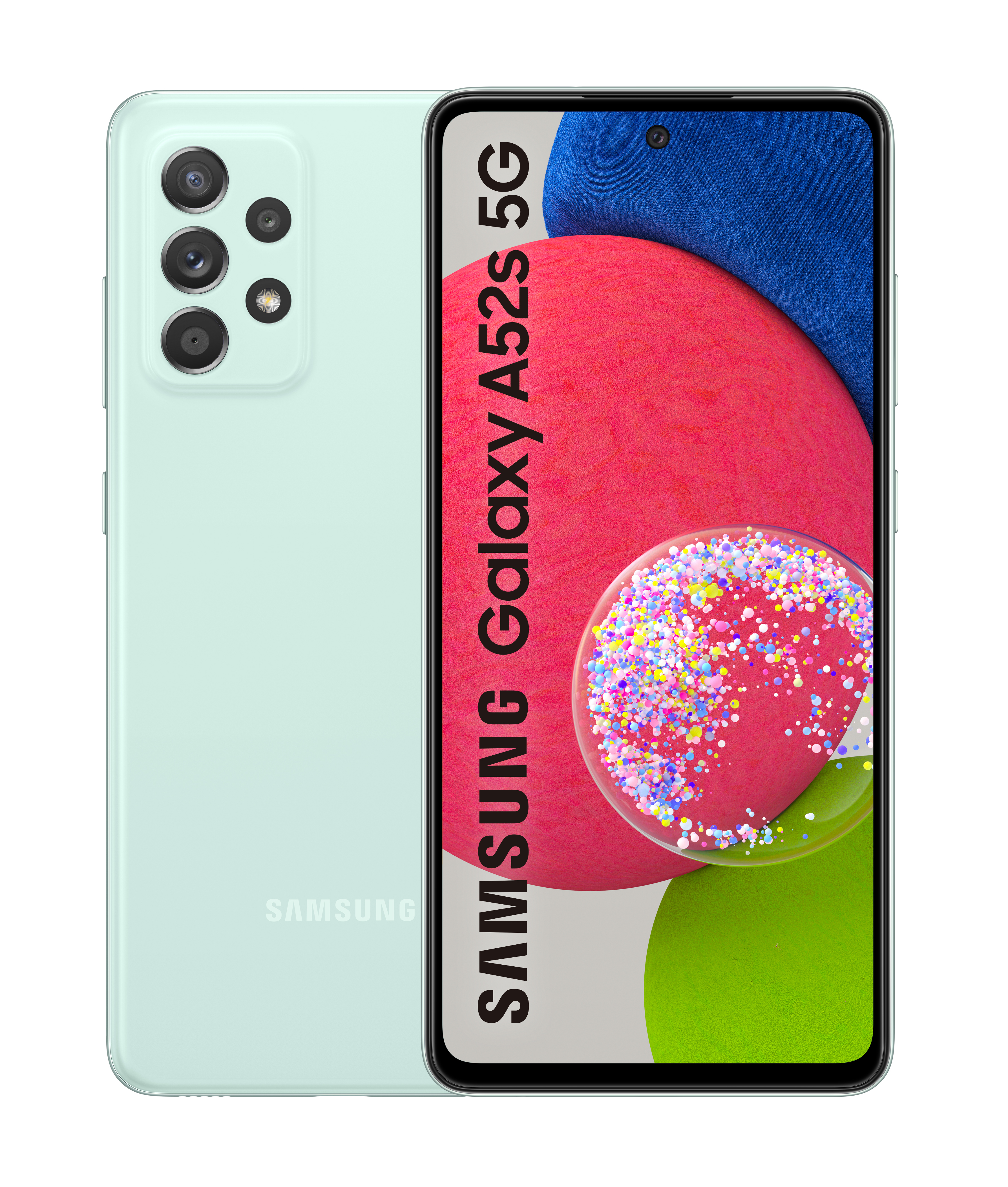 Mintgroene Samsung Galaxy A52S 5G-telefoon. Achter- en vooraanzicht. Witte achtergrond met tekst en kleuren.