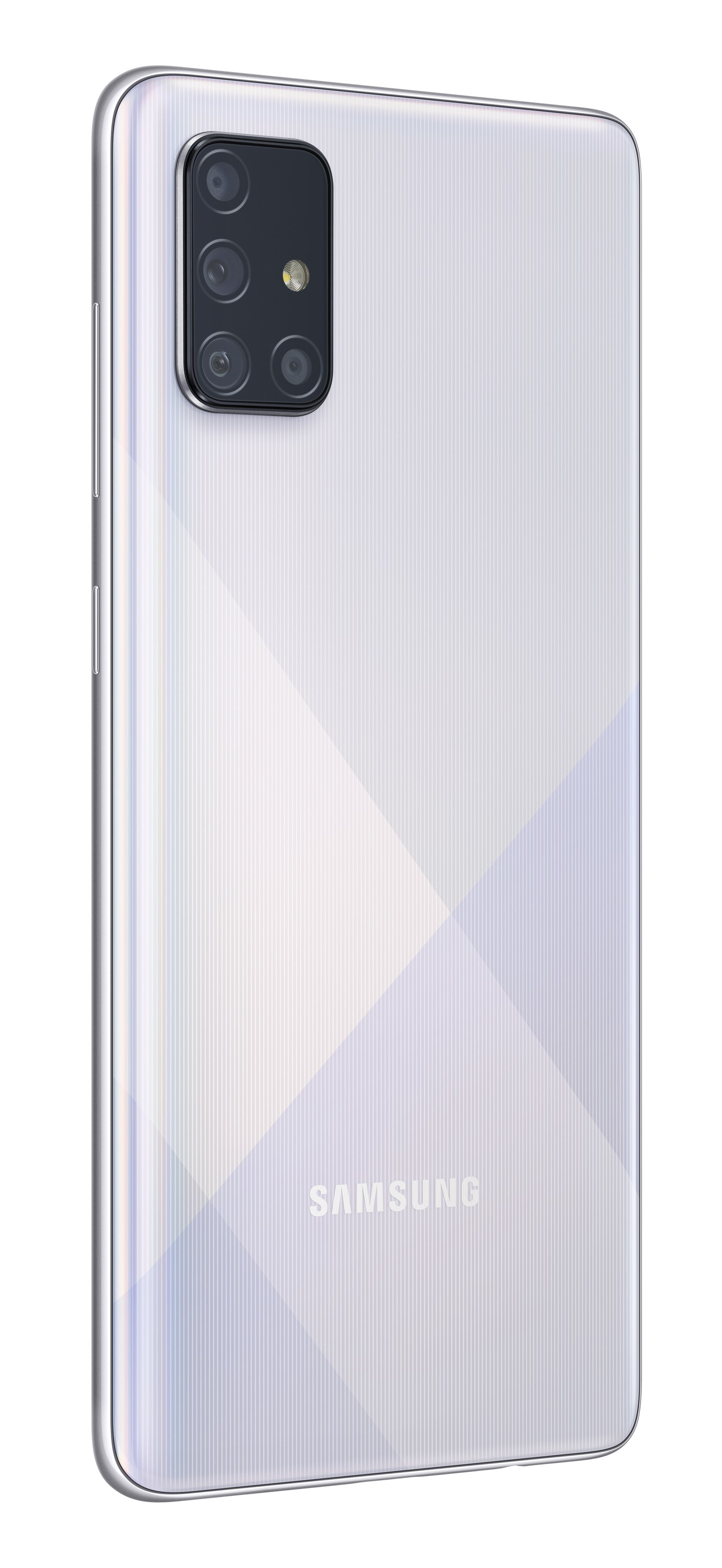 Weiße Samsung-Telefonrückseite. Verfügt über eine Kameraanordnung und das Samsung-Logo.