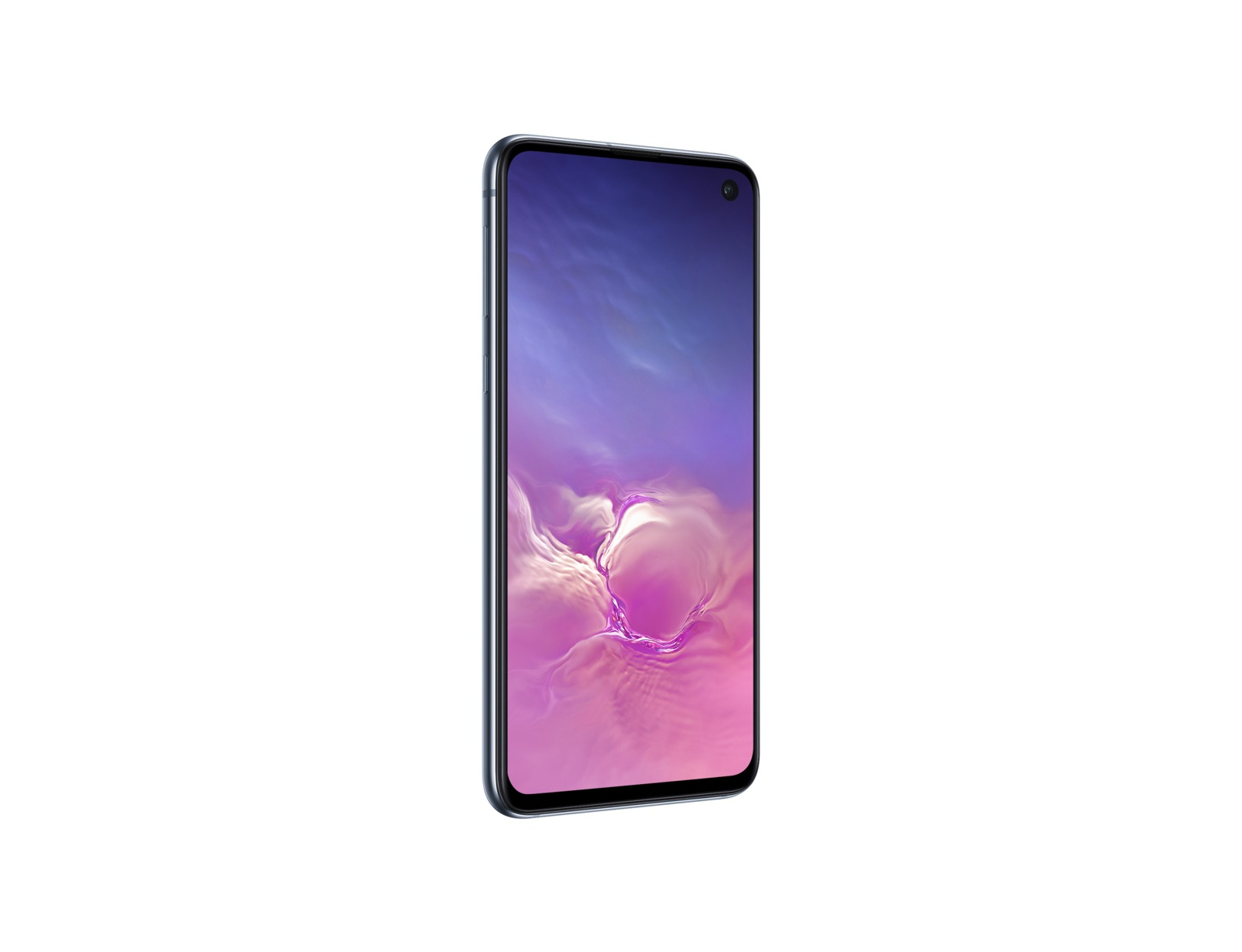 Ein Smartphone mit blauem Bildschirm. Das Display zeigt ein abstraktes Design in Rosa und Lila.
