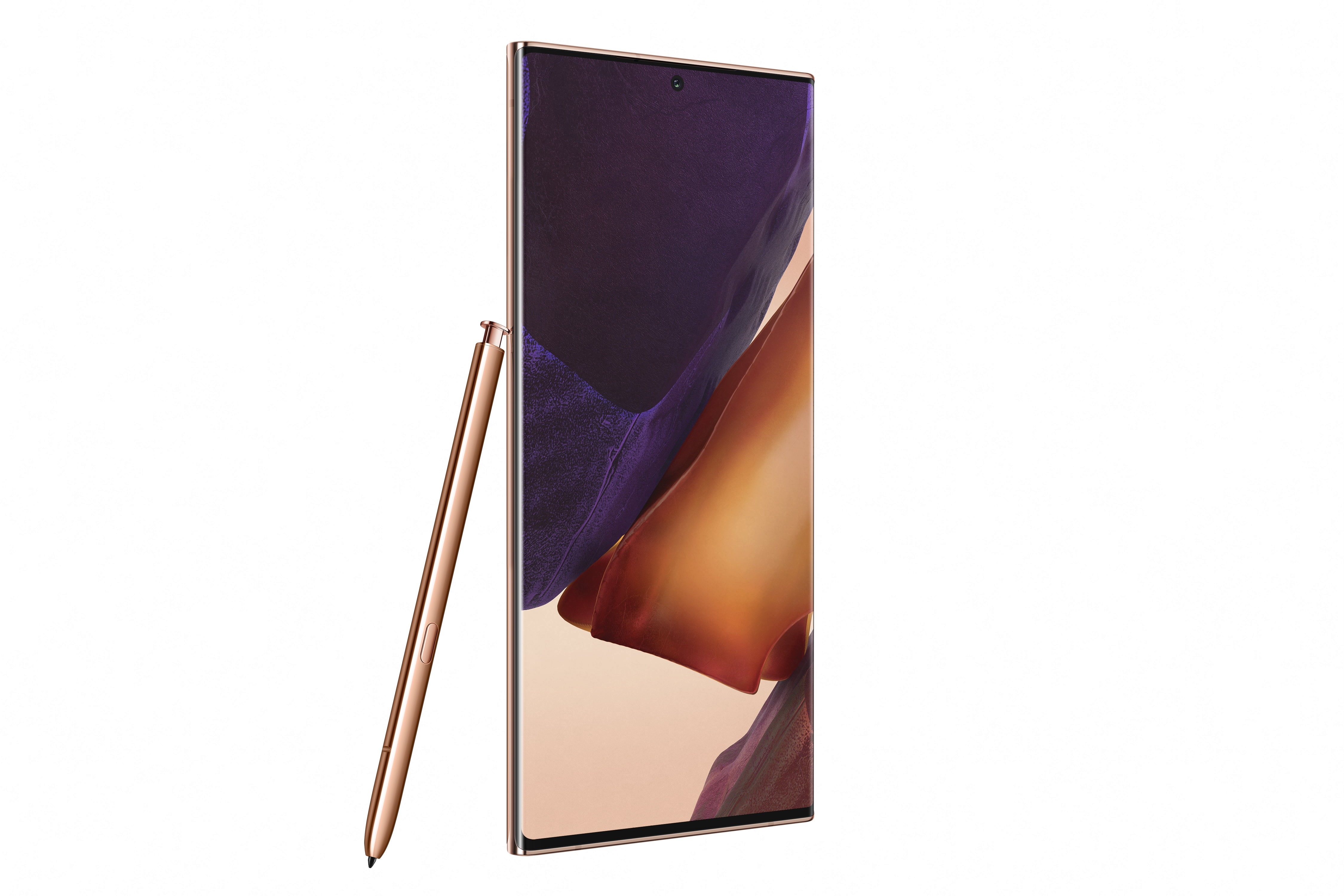 Smartphone con penna oro rosa. Lo schermo è acceso con uno sfondo scuro e astratto. Sfondo bianco.