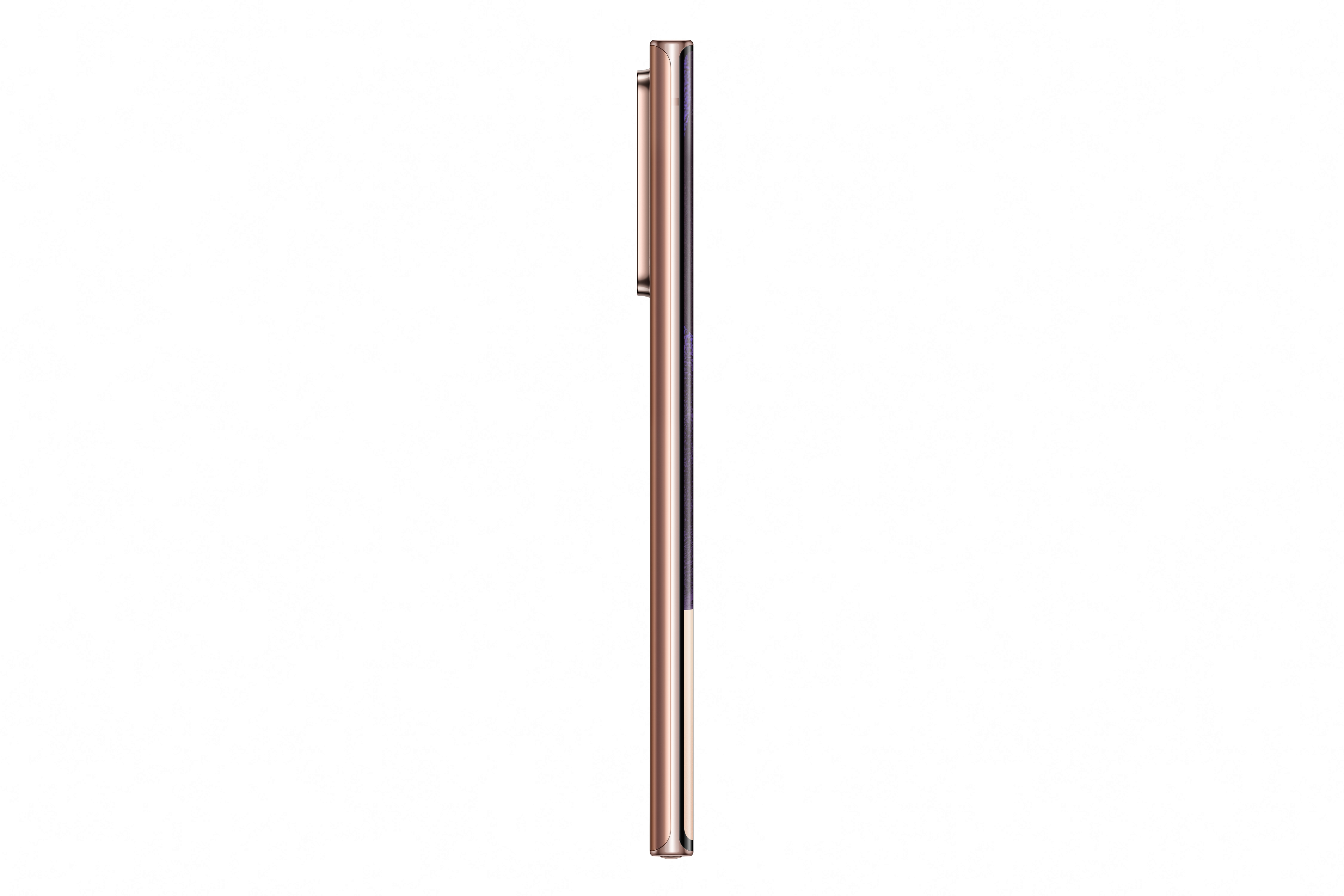 Vista laterale di uno smartphone oro rosa. Il telefono è sottile e ha un design moderno.
