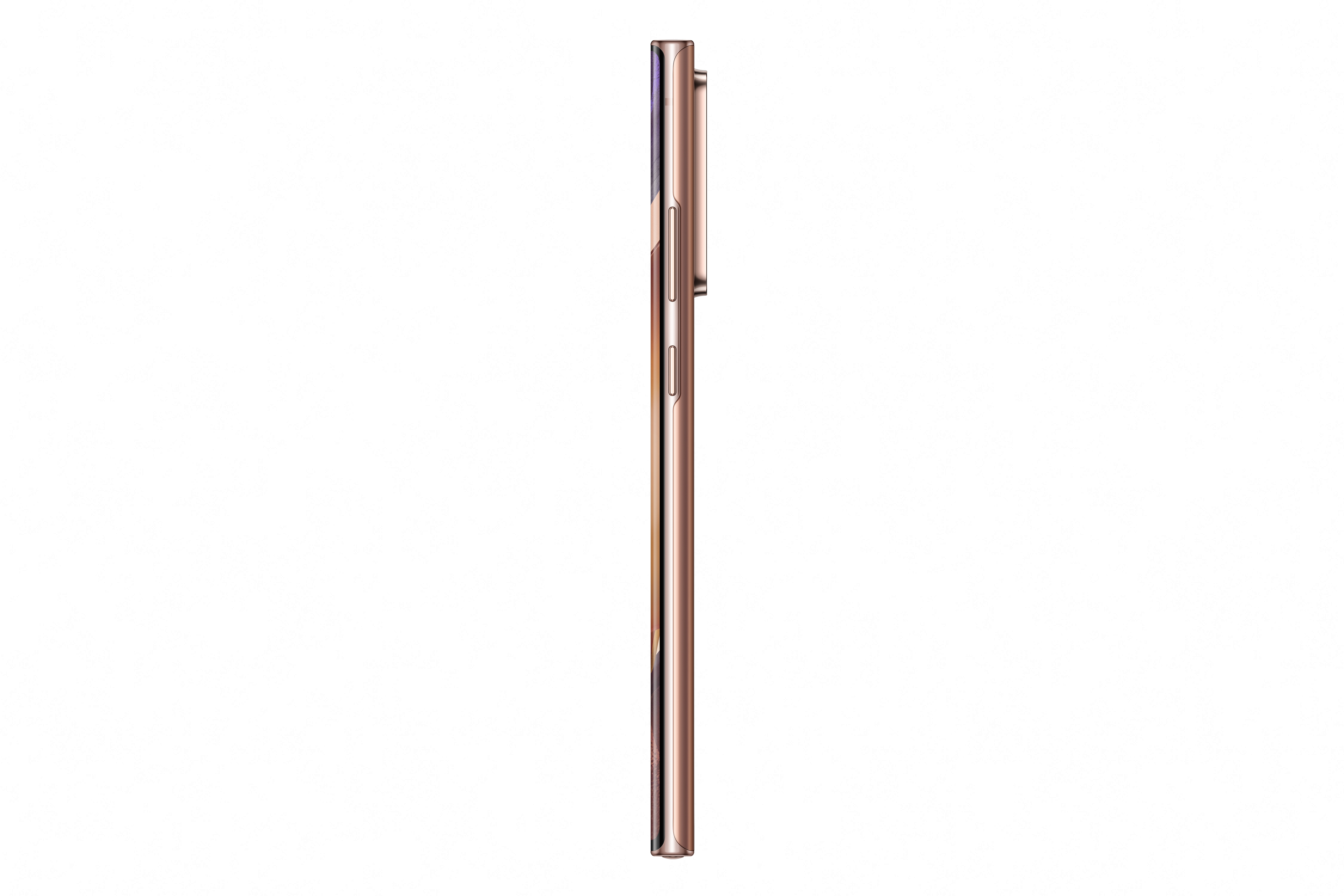 Vista laterale di uno smartphone oro rosa, design elegante, sporgenza della fotocamera visibile.