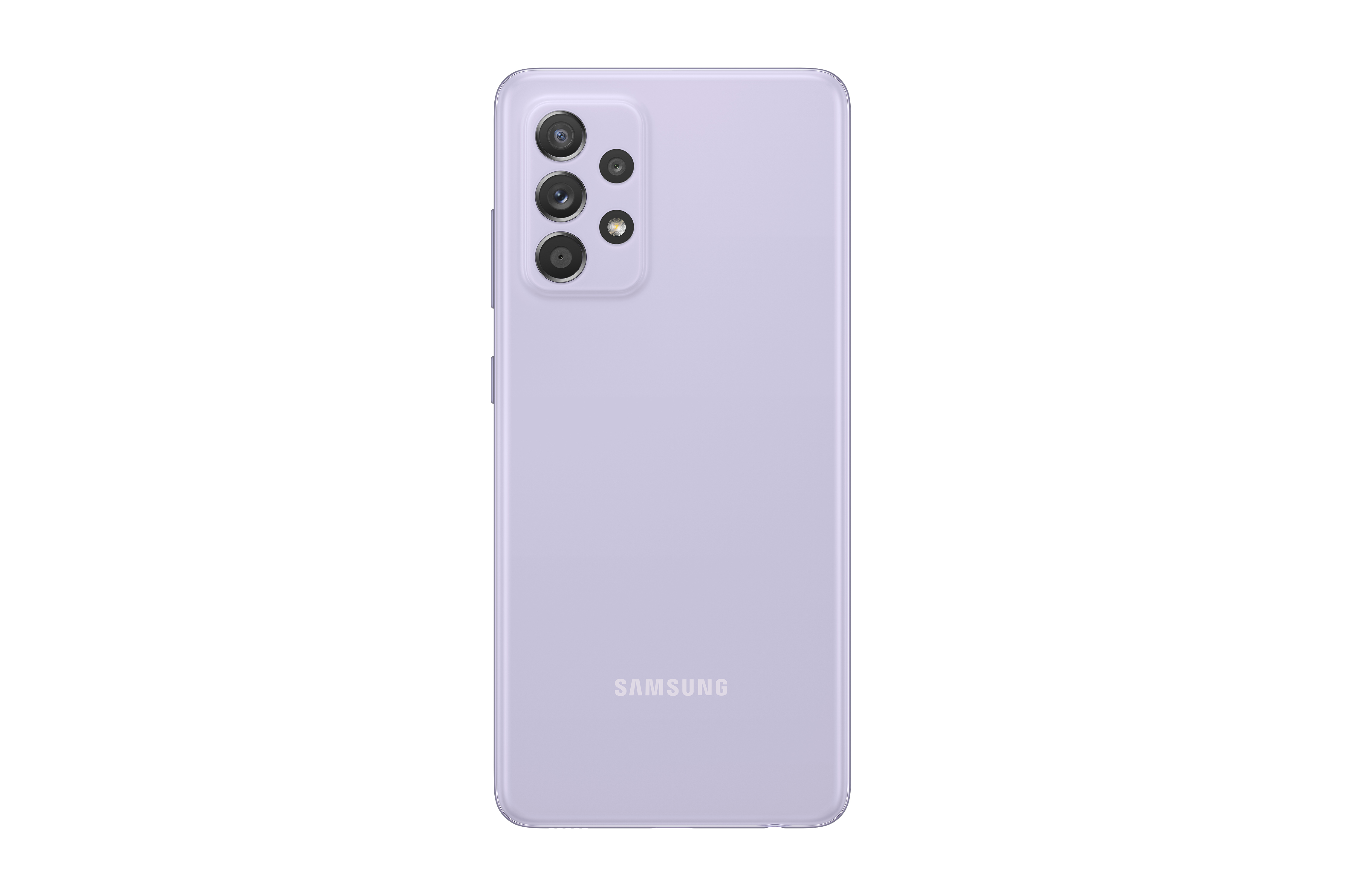 Achteraanzicht van een paarse smartphone met een camera-opstelling en het Samsung-logo.
