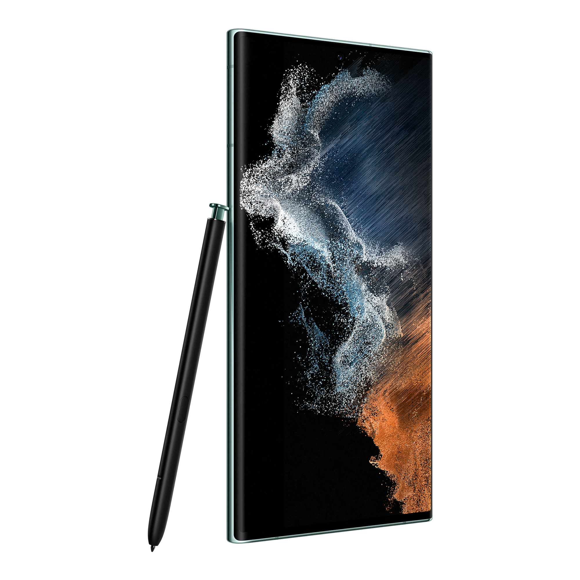 Stilusu ve soyut sanat gösteren ekranı olan yeşil telefon.