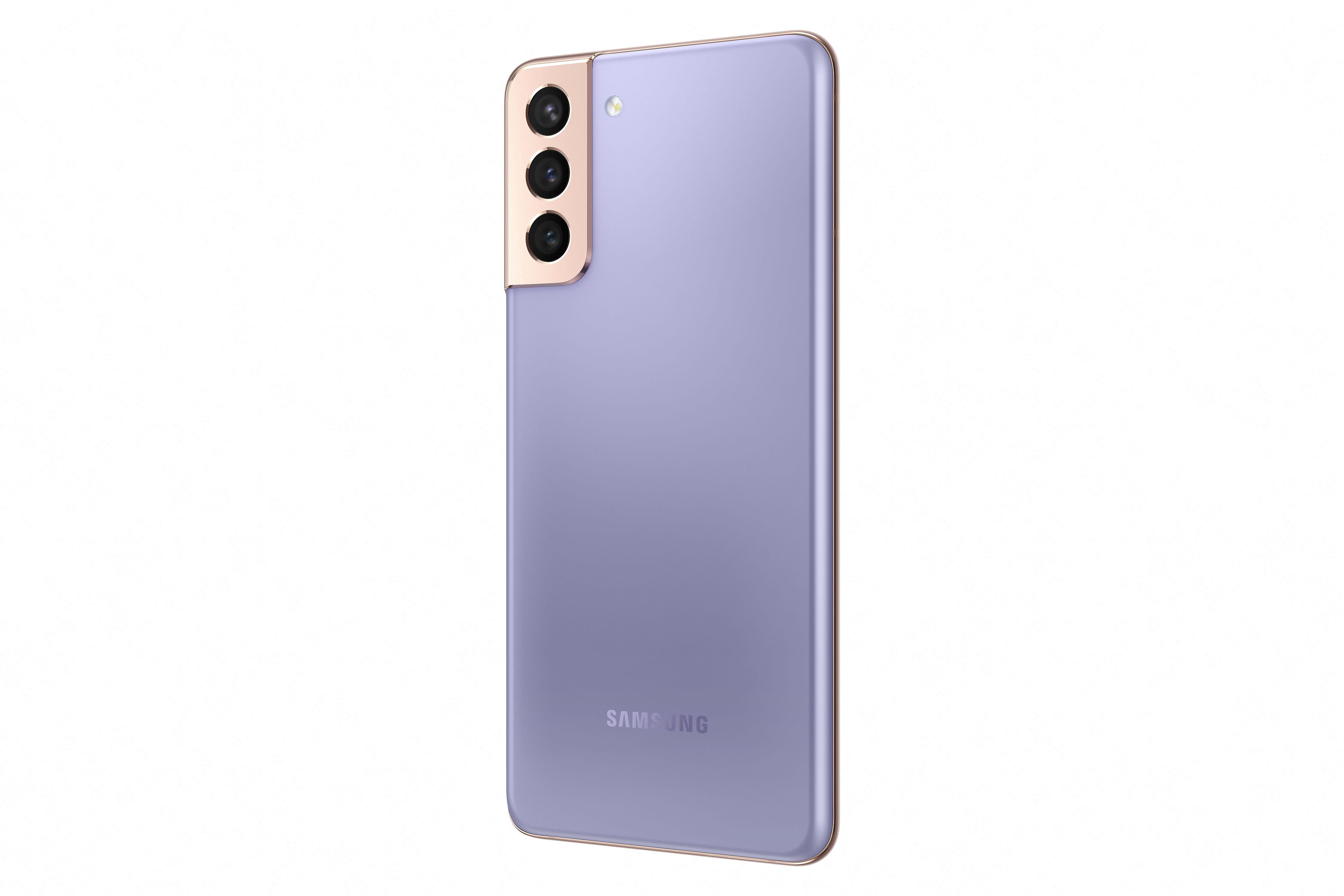 Een paarse Samsung-telefoon, achteraanzicht. Drie camera's zijn zichtbaar, samen met het Samsung-logo.