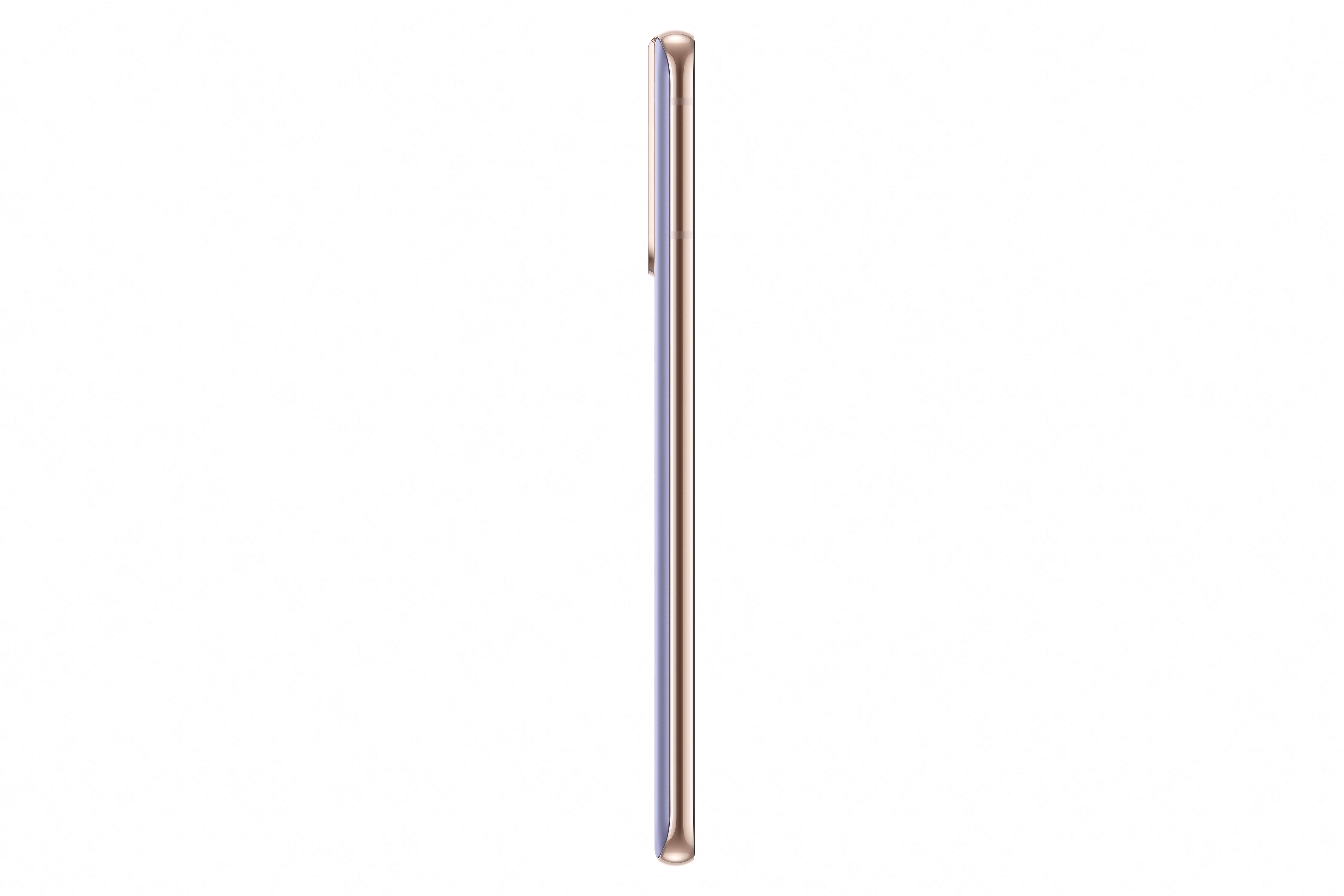 De zijaanzicht van een roze telefoon. De telefoon staat op een witte achtergrond.
