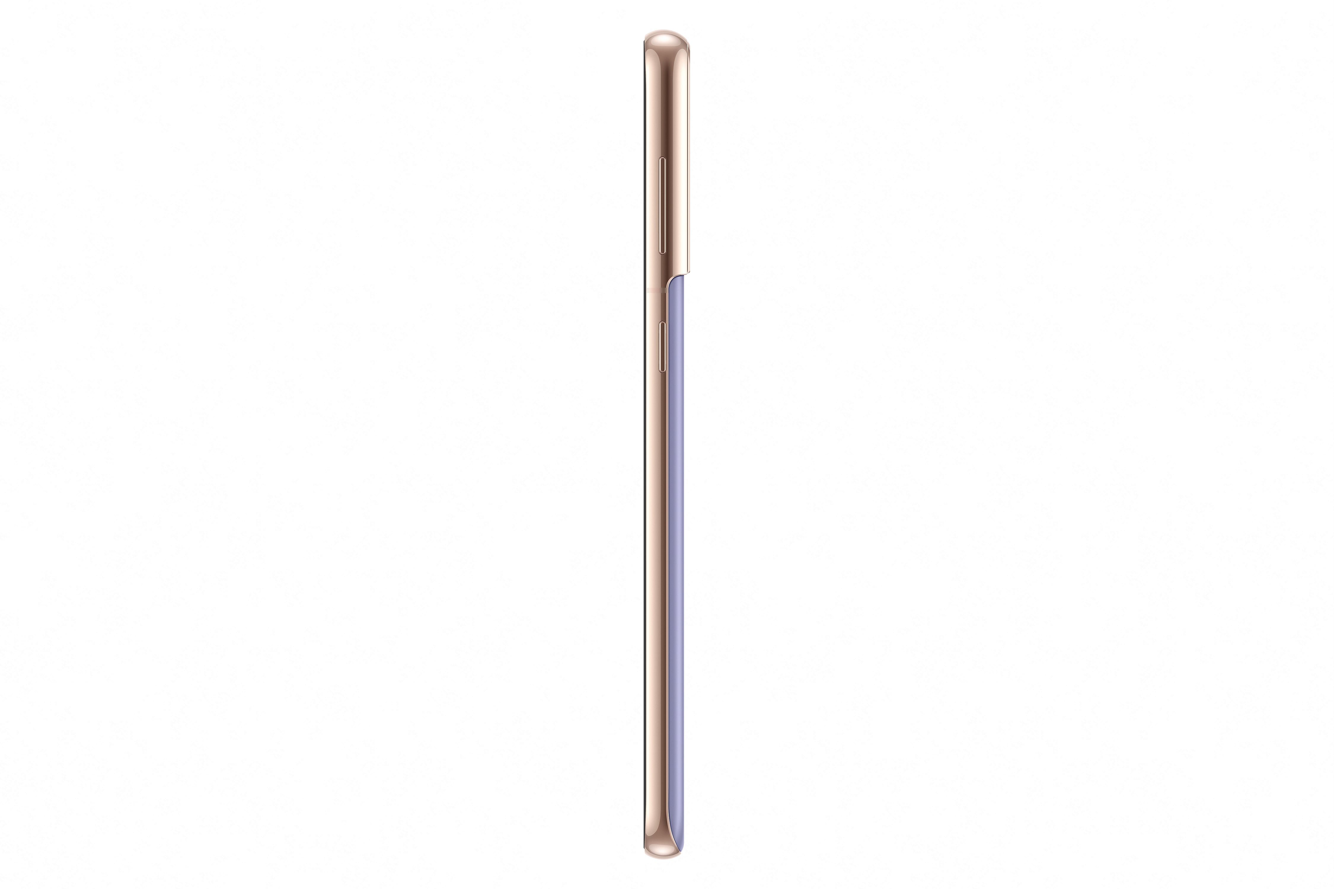 Zijaanzicht van een slanke gouden smartphone met een lichtpaarse achterkant.