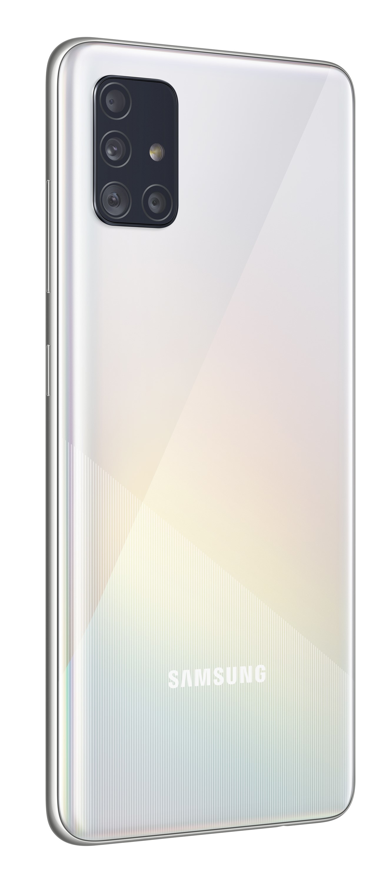 Rückseite eines weißen Smartphones. Es hat mehrere Kameras und ein Samsung-Logo. Die Rückseite glänzt.