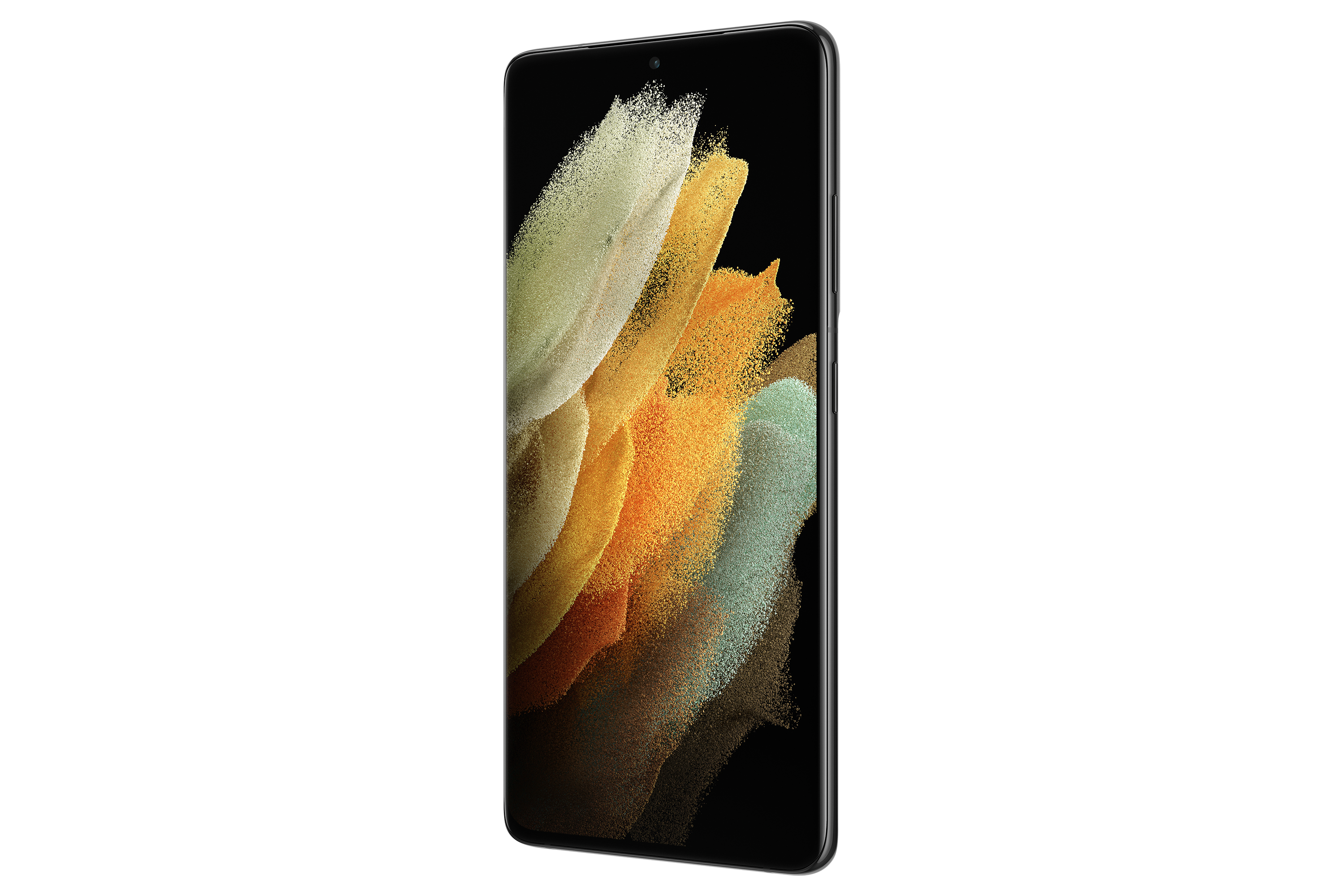 Smartphone nero che mostra uno sfondo astratto colorato. Il telefono in orientamento verticale.
