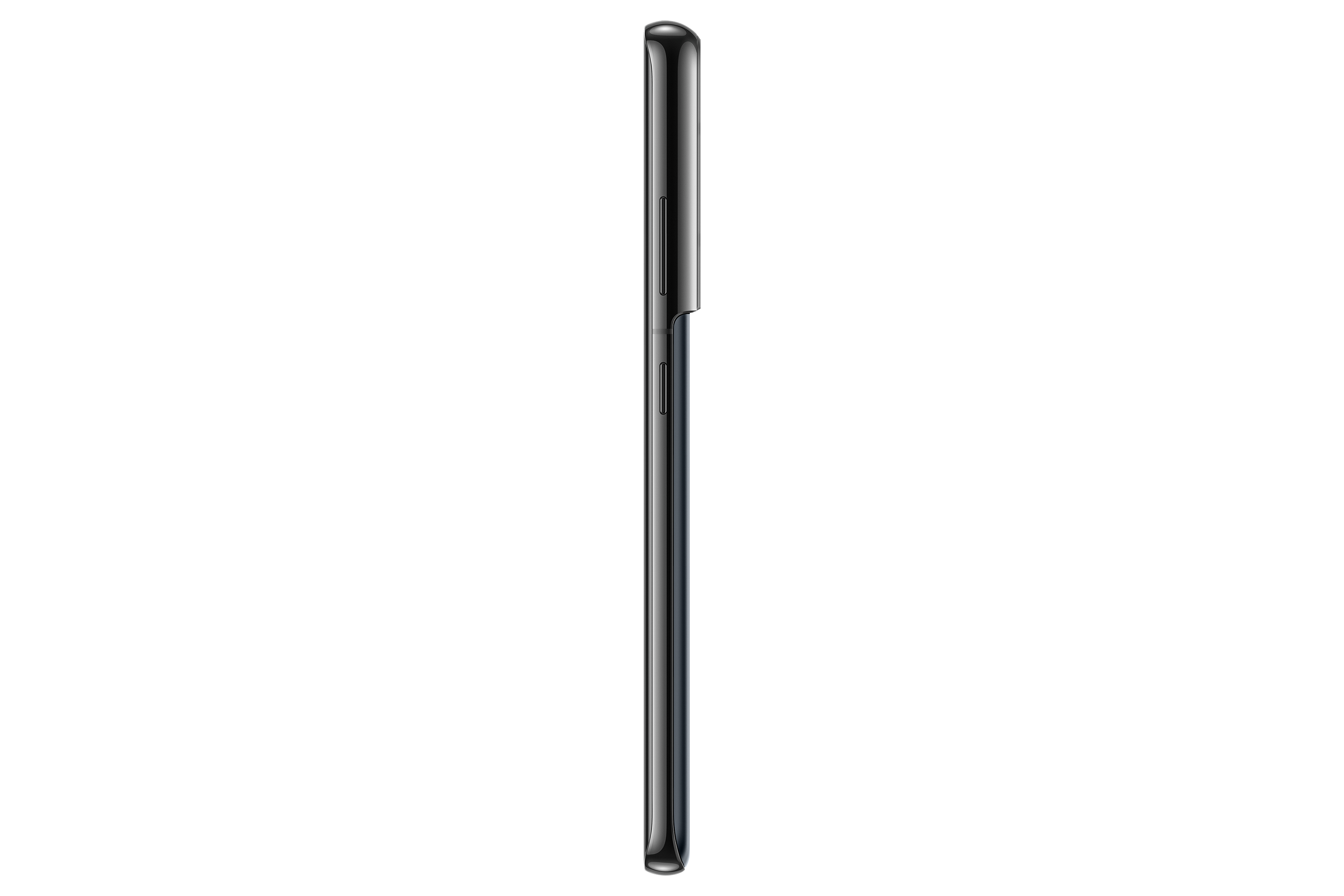 Seitenansicht eines schwarzen Smartphones, zeigt sein schlankes Profil. Die Tasten sind sichtbar.