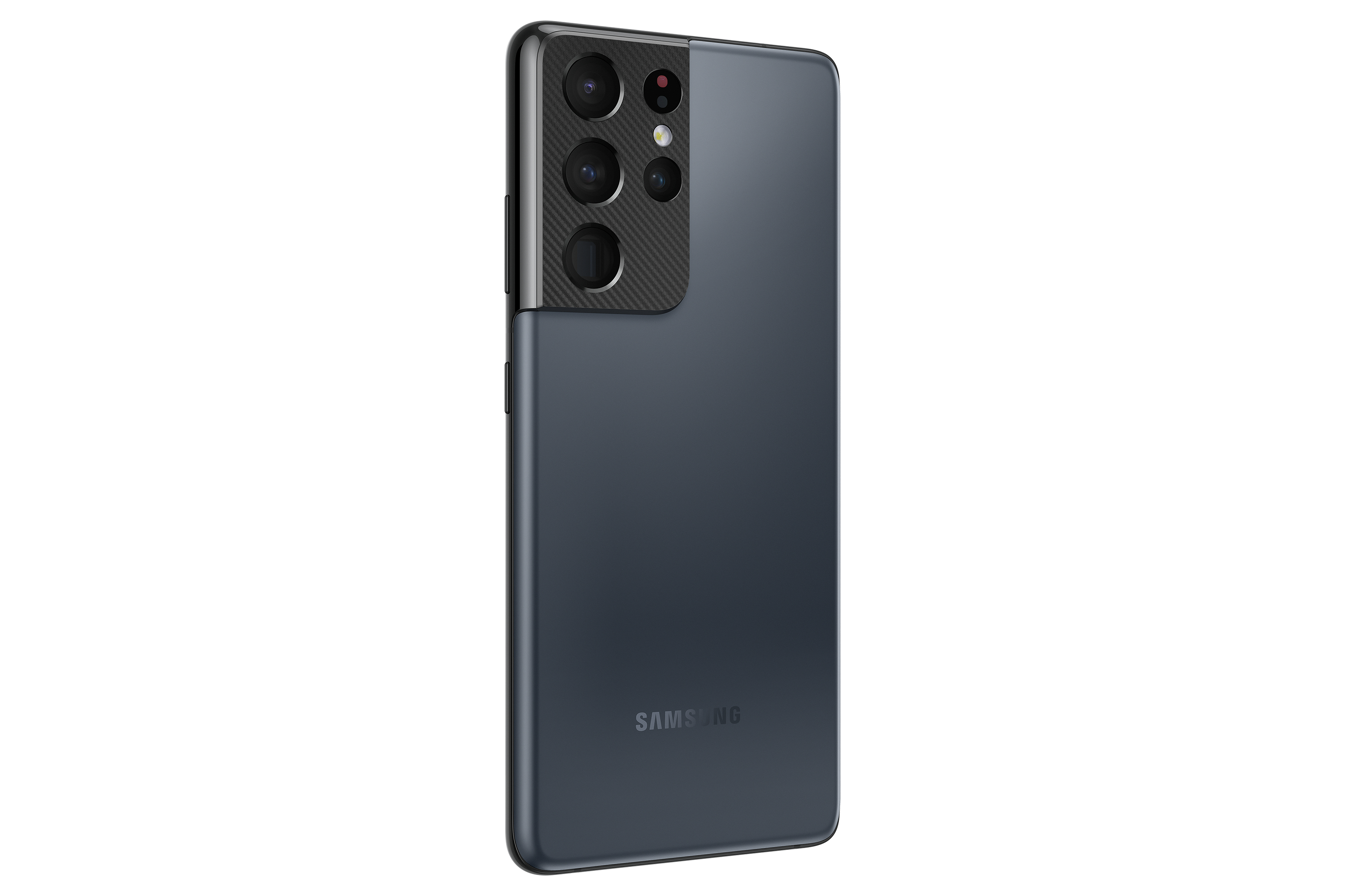 Dunkles Telefon mit Kameras, Karbonfaser-Panel, Samsung-Logo, auf weißem Hintergrund.