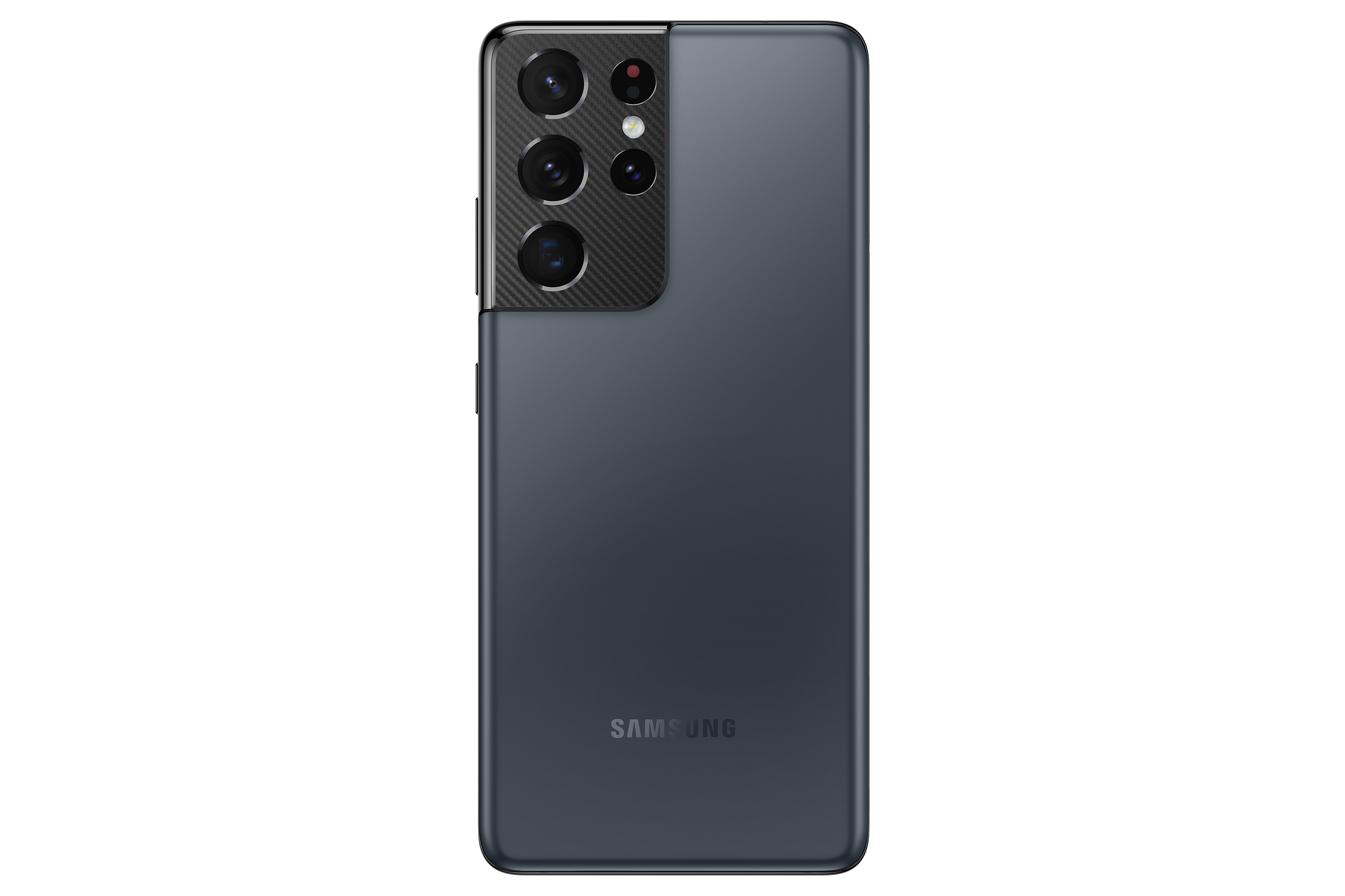 Dunkelgraue Smartphone-Rückseite mit vier Kameras und Samsung-Logo. Schwarzes Kamerapanel. Weißer Hintergrund.