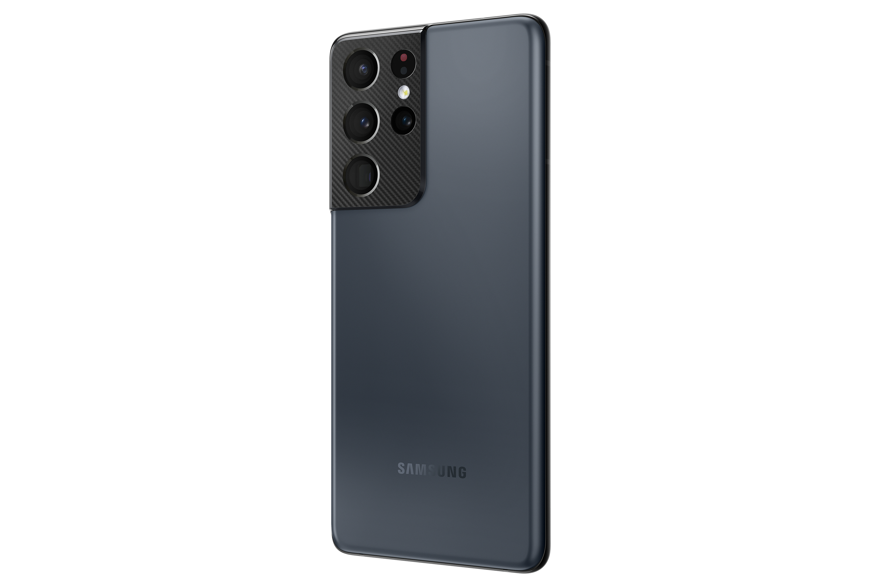 Dunkelblaue Telefonrückseite mit Kameras. Weißer Hintergrund.