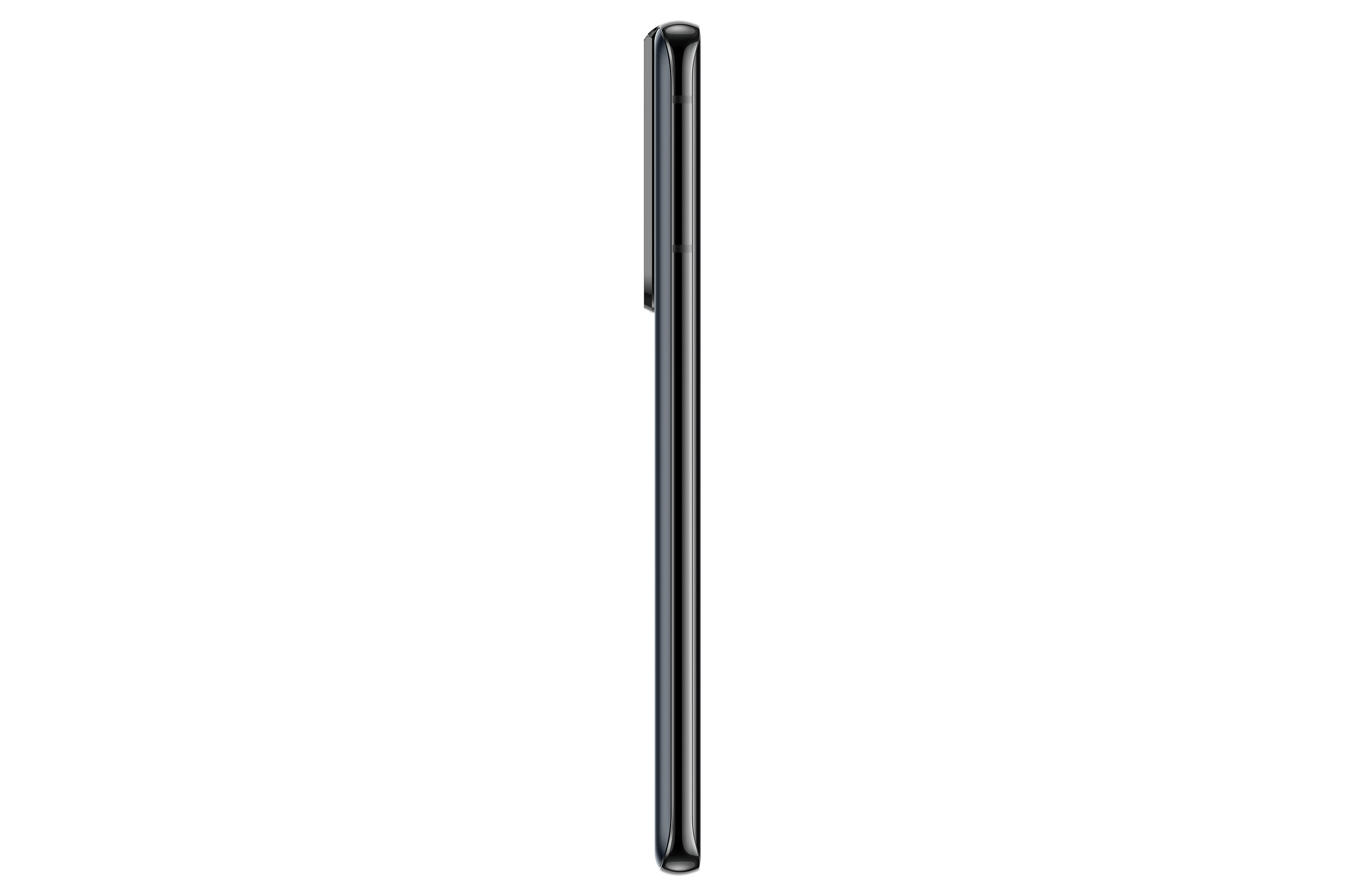Seitenansicht eines schwarzen Smartphones, das sein schlankes Profil vor einem sauberen weißen Hintergrund zeigt.