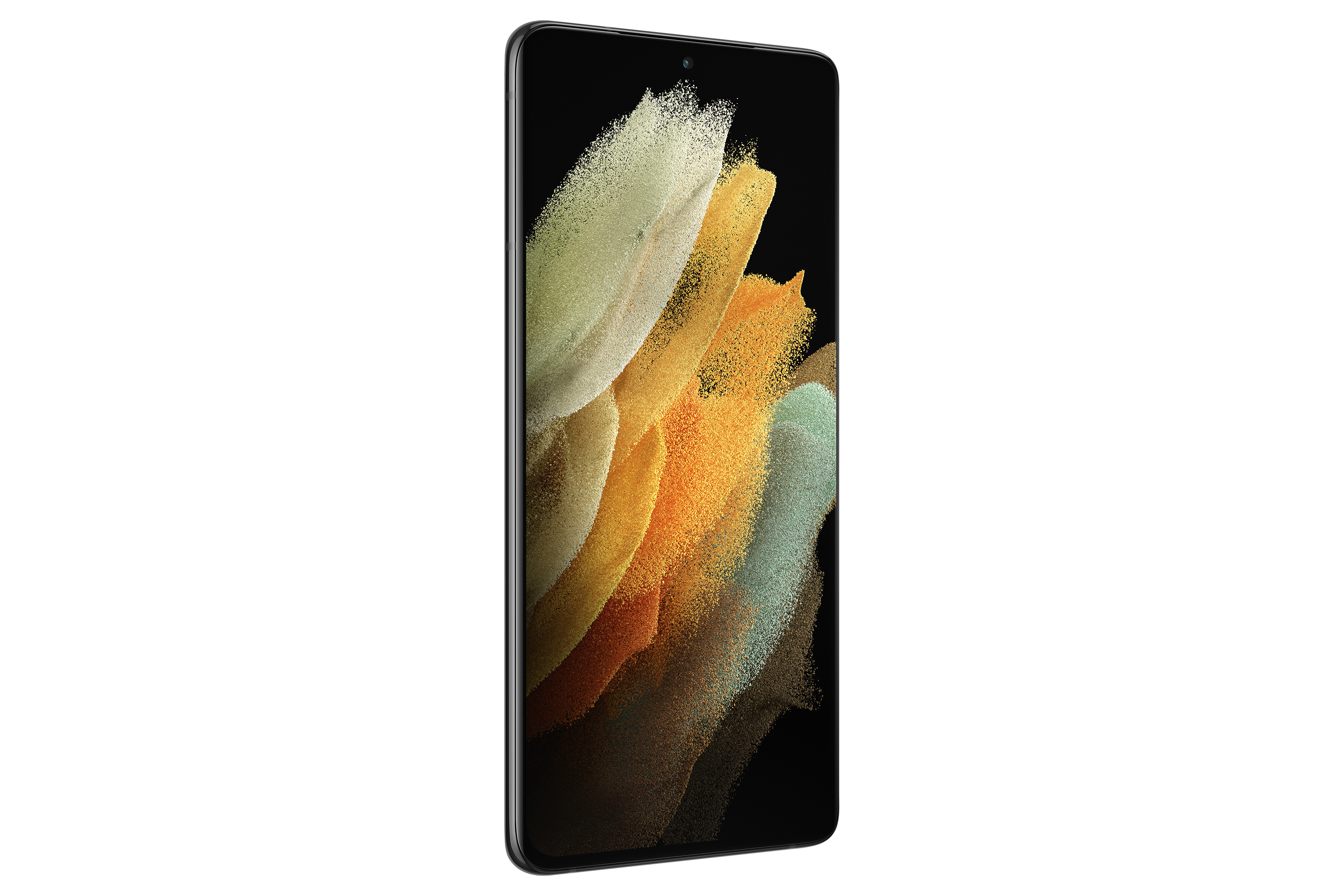 Smartphone con schermo curvo, che mostra un'immagine astratta colorata.
