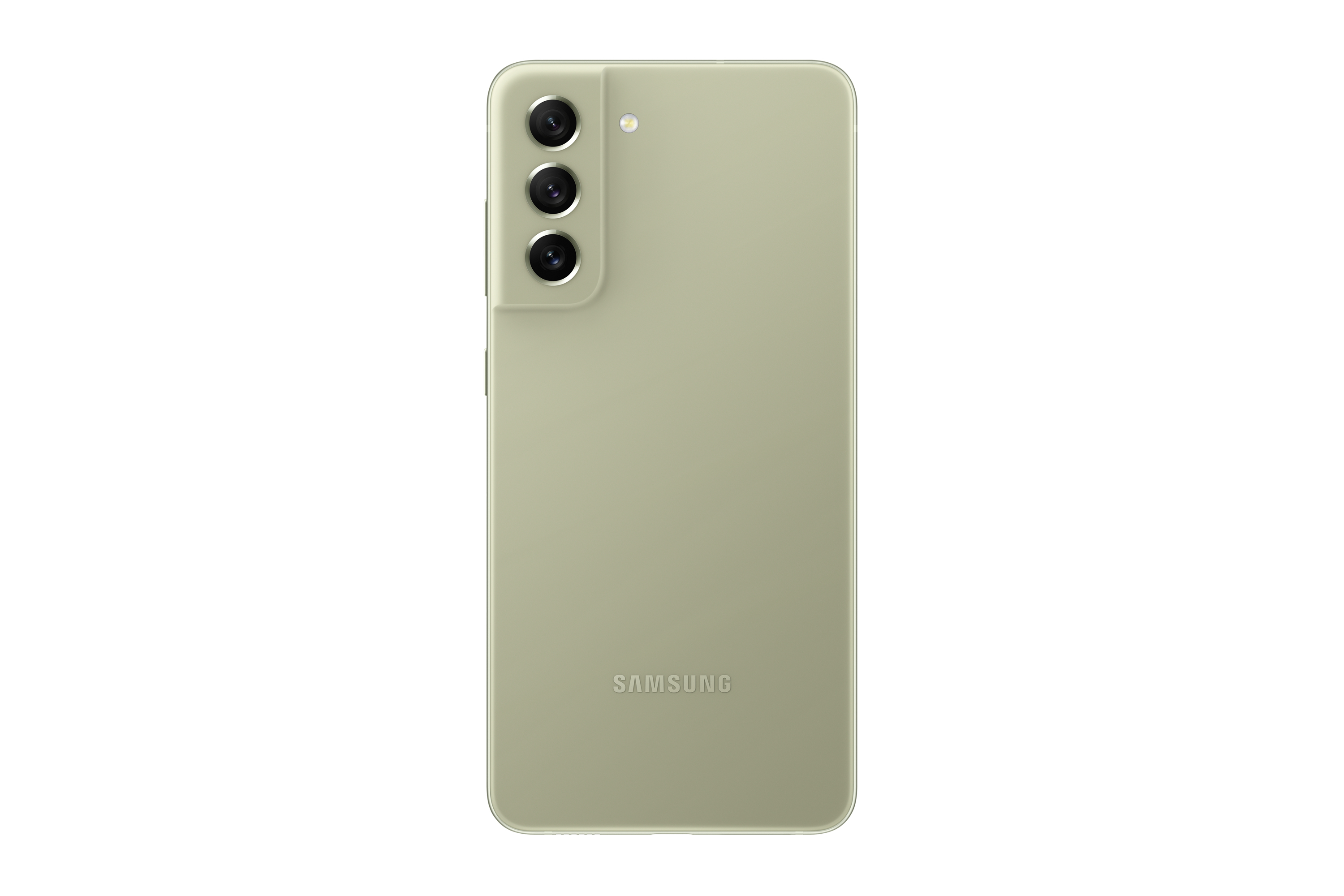 Ein grünes Smartphone mit drei Rückkameras auf weißem Hintergrund.
