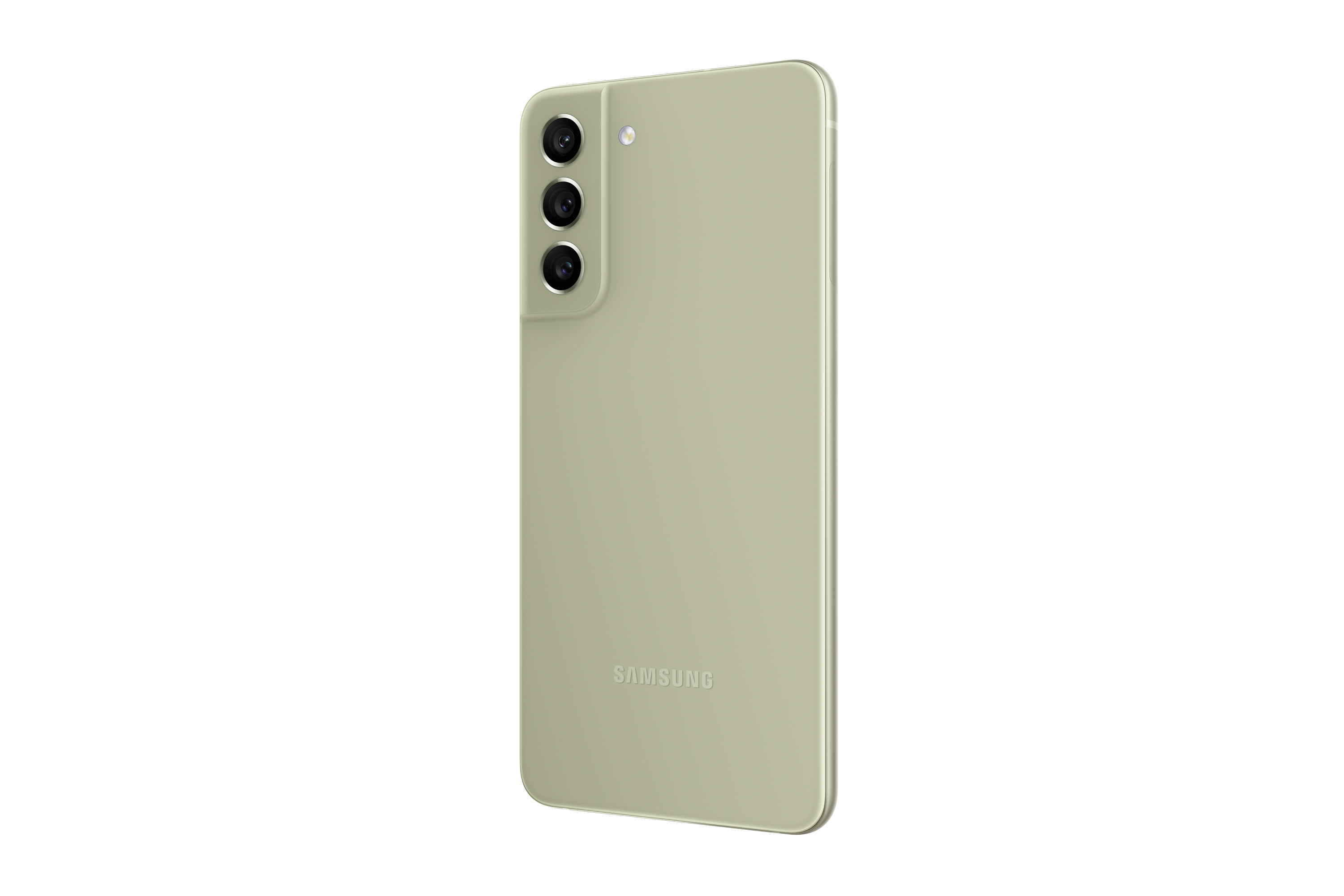 Grünes Smartphone von hinten. Es hat drei Kameras und das Samsung-Logo.
