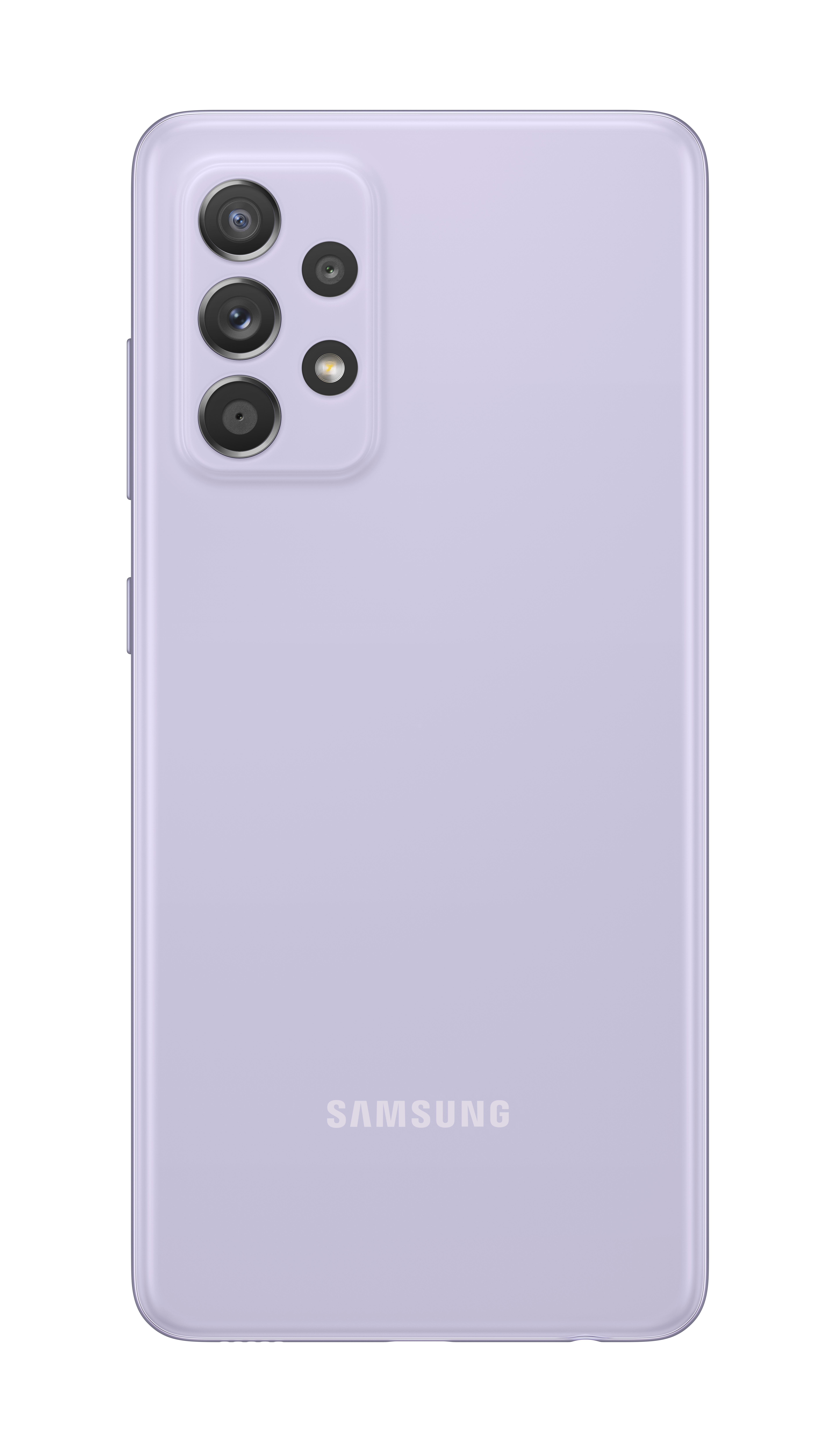 Achterkant van een paarse Samsung telefoon. Met cameralenzen en het Samsung-logo.