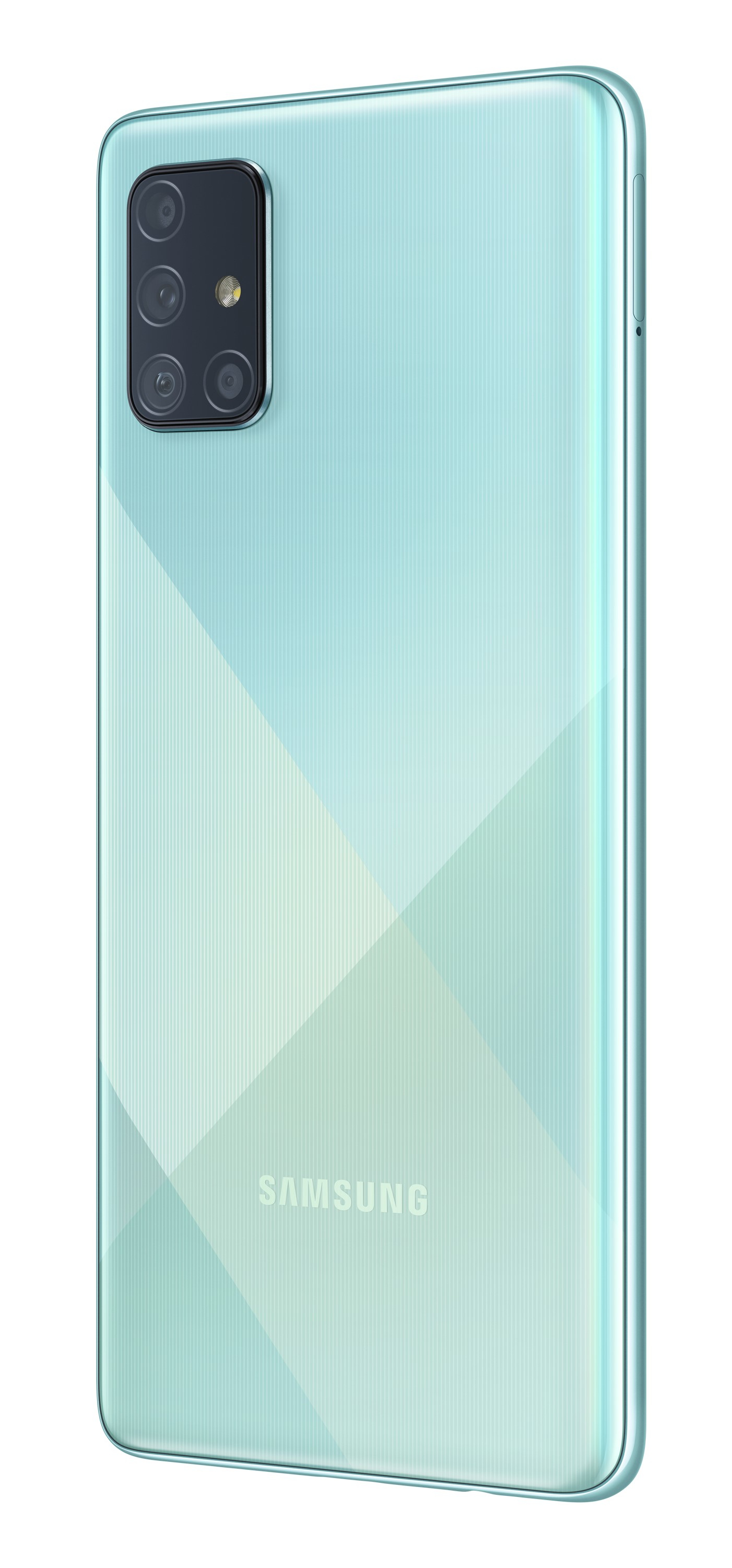 Ein hellblaues Smartphone mit einer Quad-Kamera auf der Rückseite.