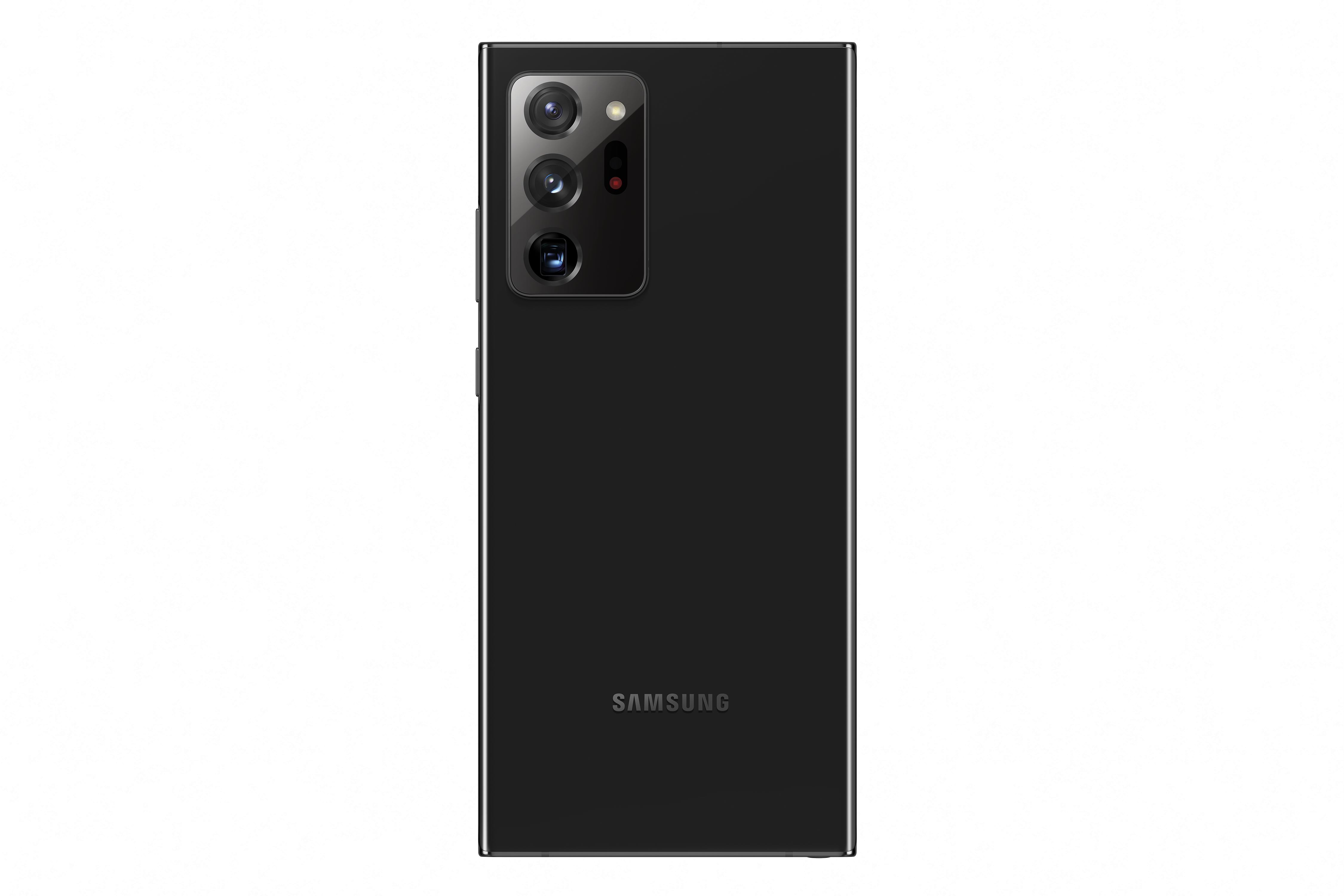 Beyaz arka planda kamera modülüne sahip siyah bir Samsung telefonun arkası.