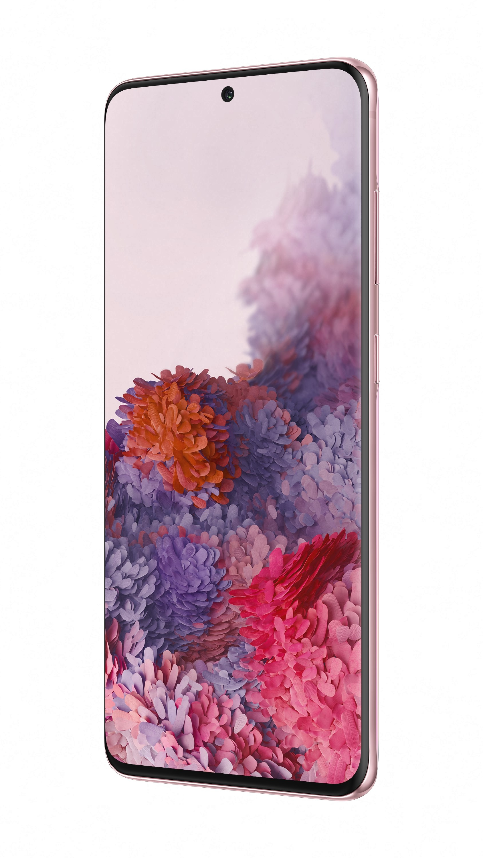 Różowy telefon z ekranem pokazującym kolorowe kwiaty, na białym tle.