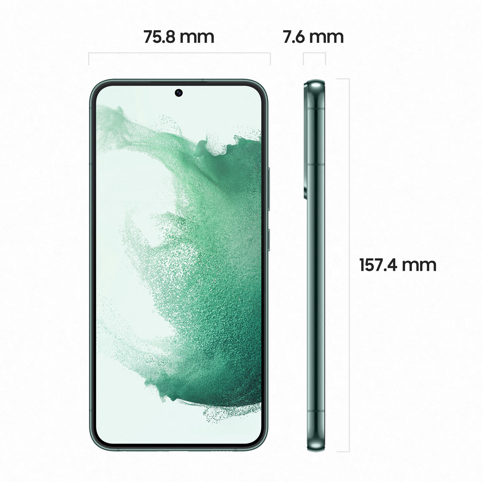 Smartphone, grün, Vorder- und Seitenansicht mit Abmessungen. Der Bildschirm ist an.