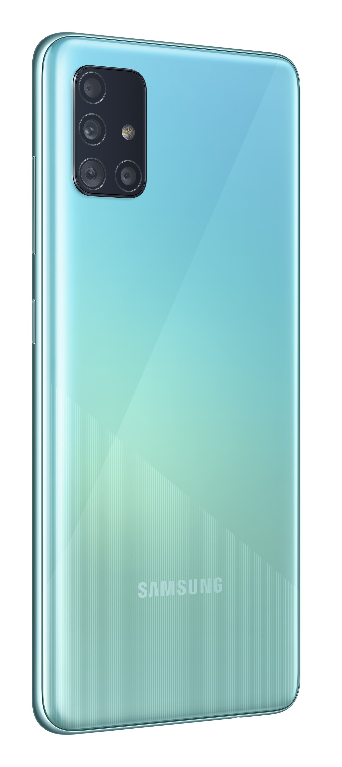 Blau-grüner Farbverlauf Smartphone-Rückseite, drei Kameras, Samsung-Logo, weißer Hintergrund.