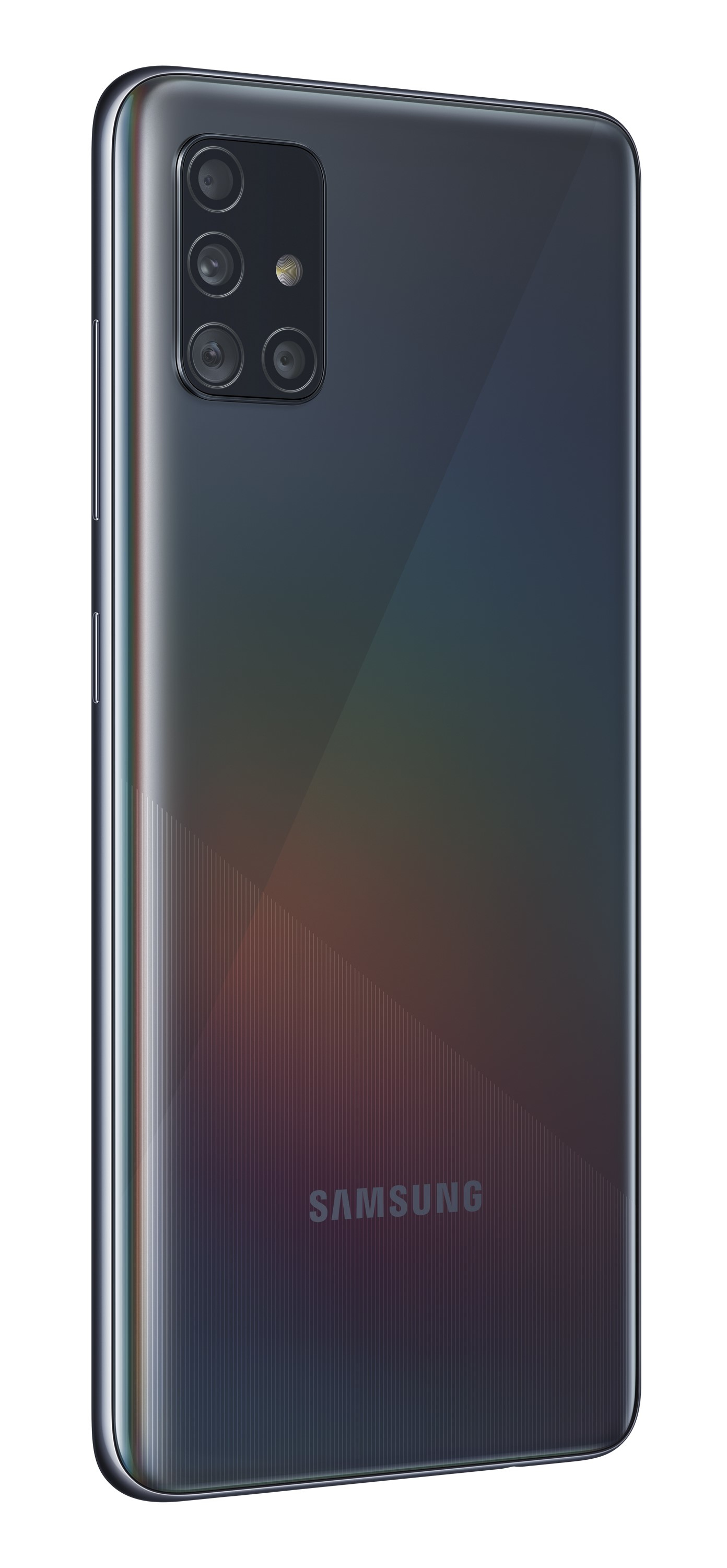 Schwarze Samsung-Telefonrückseite. Enthält eine Kameraanordnung und das Samsung-Logo.