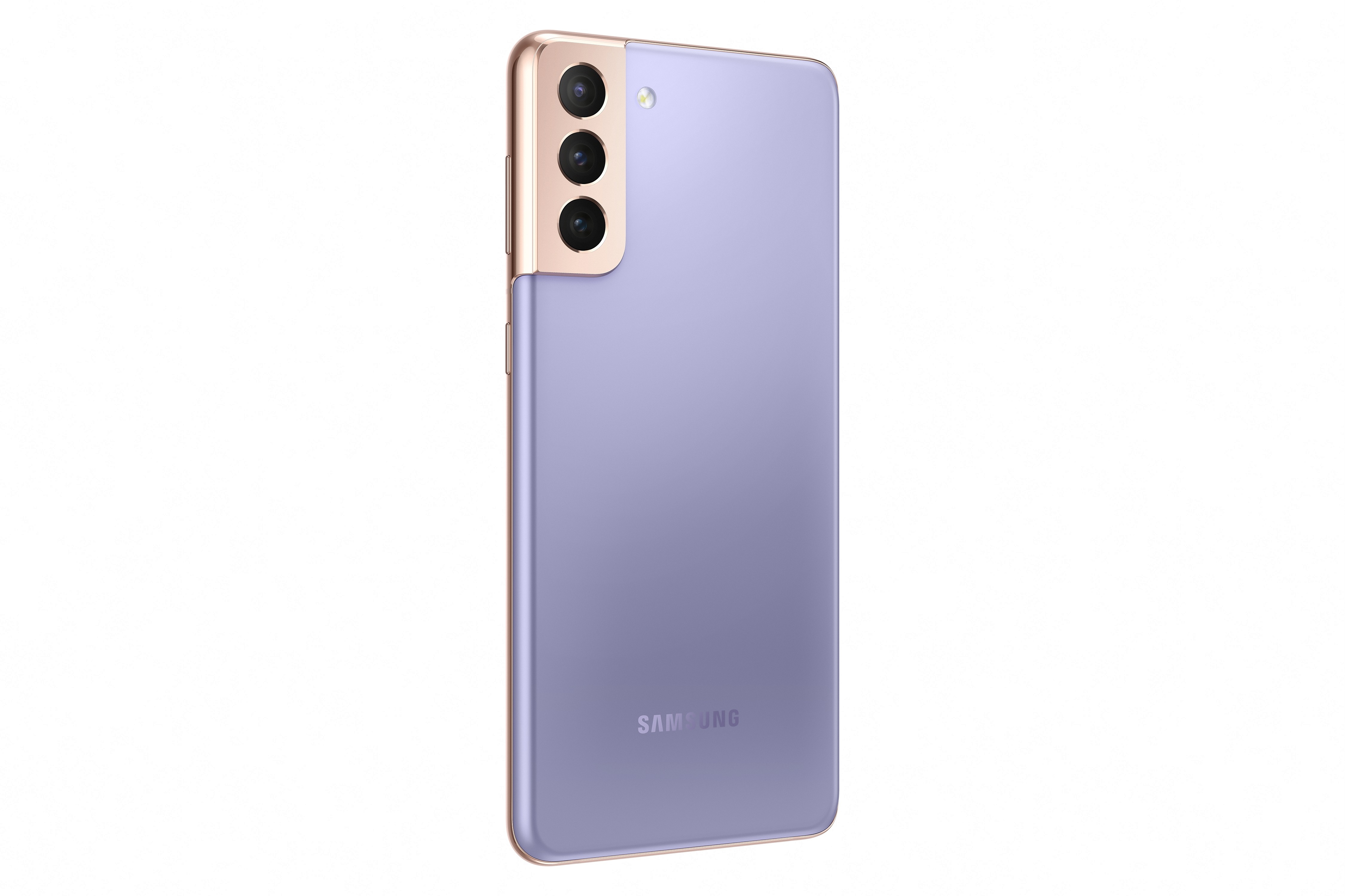 Rückansicht eines lila Smartphones mit drei Kameras und einem goldenen Kamerarahmen.